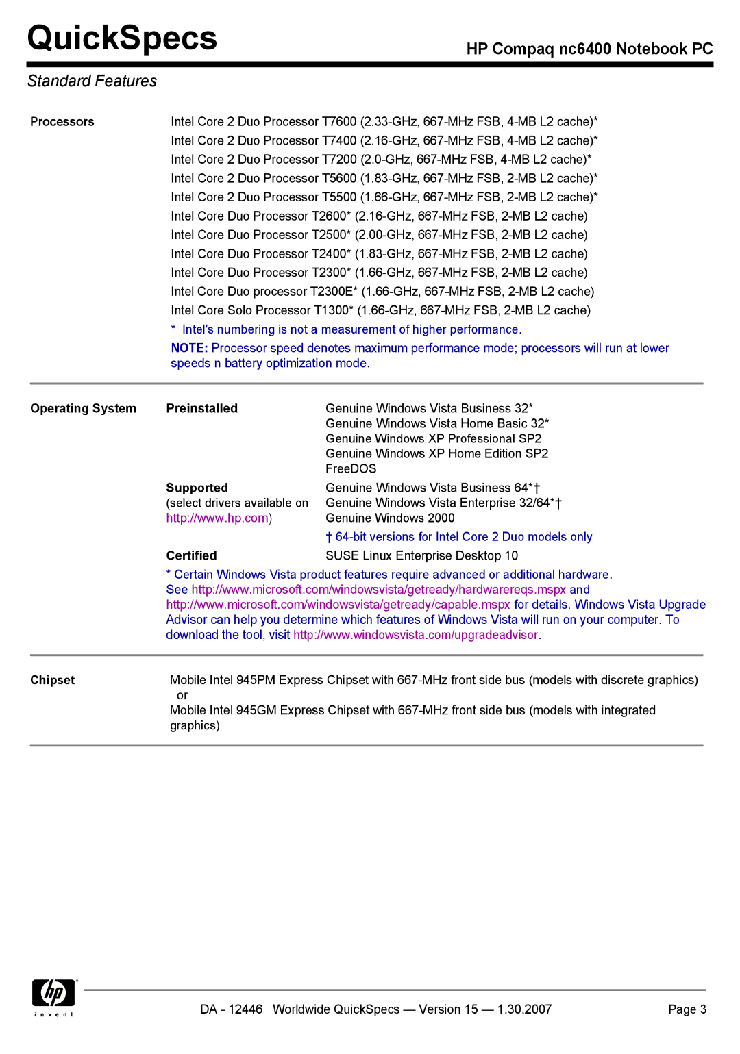 Intel nc6400 manual Processors, Operating System Preinstalled, Supported, Certified, Chipset 