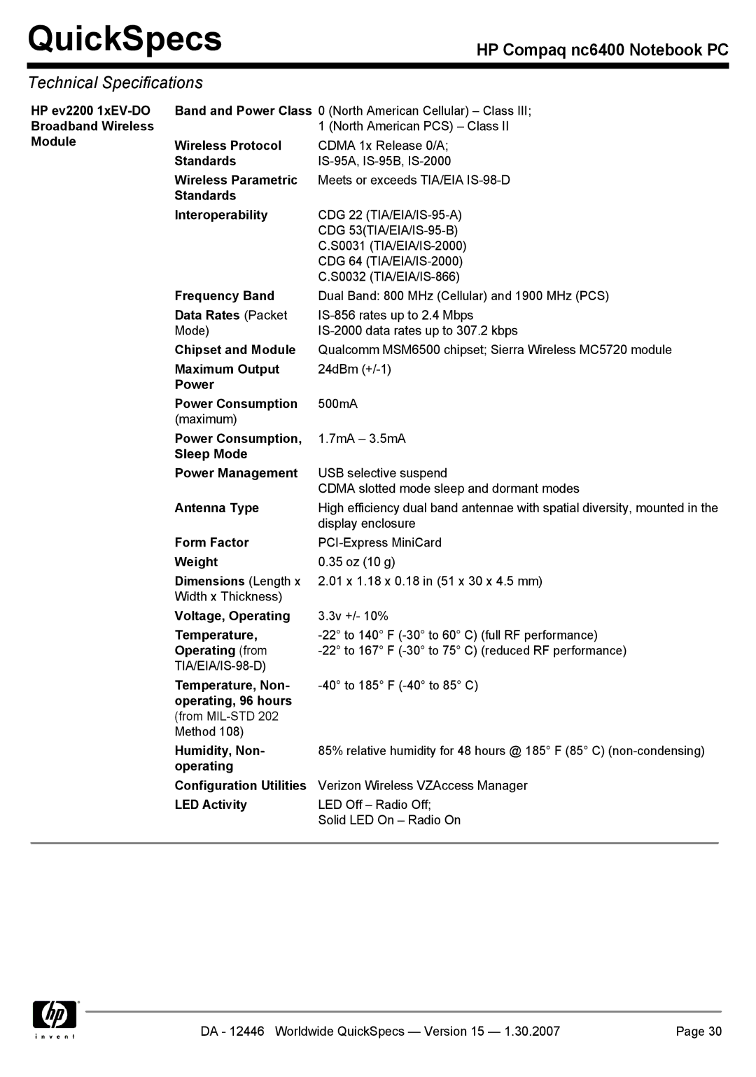 Intel nc6400 HP ev2200 1xEV-DO Broadband Wireless Module, Wireless Protocol, Standards, Wireless Parametric, Antenna Type 