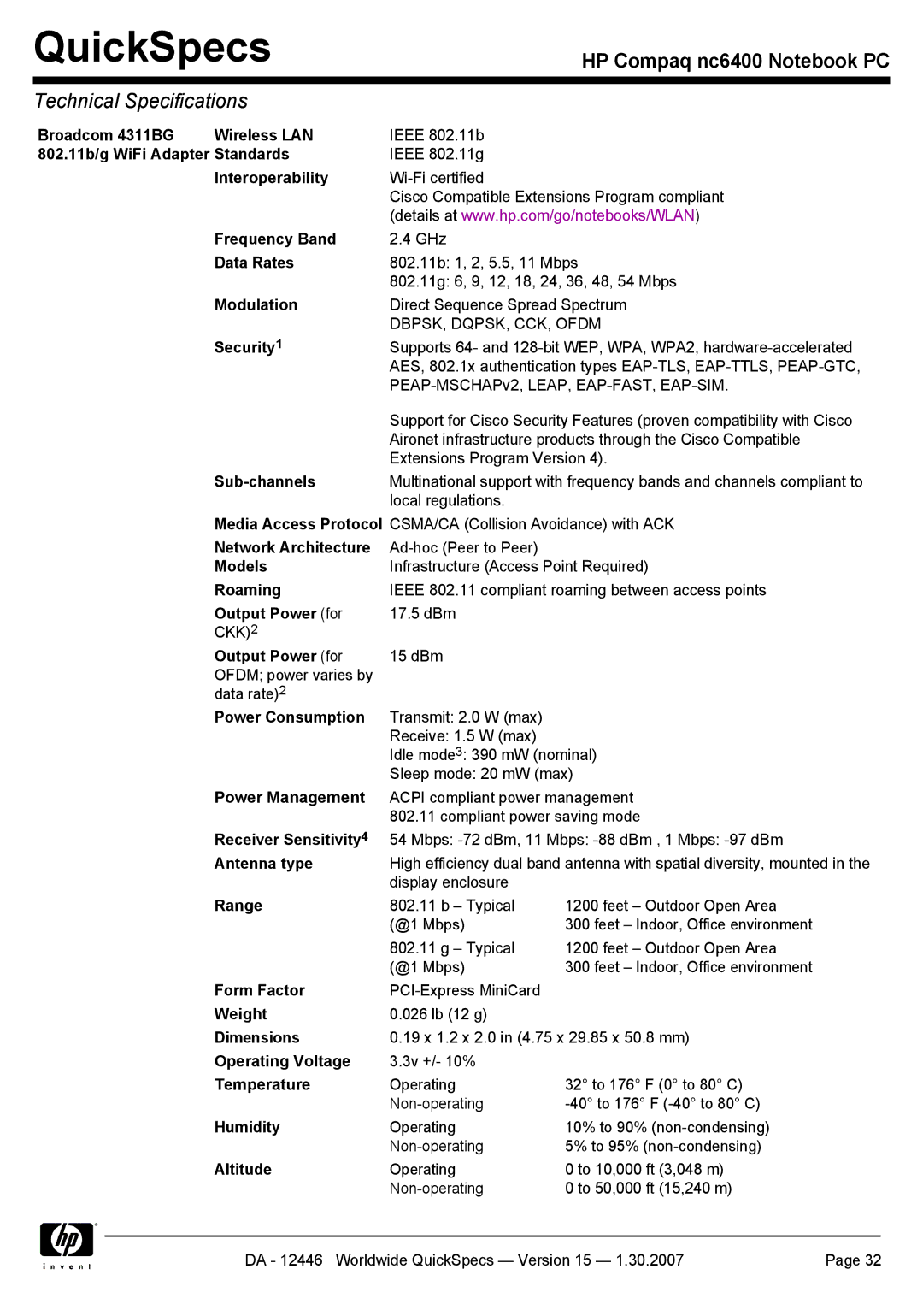 Intel nc6400 Broadcom 4311BG Wireless LAN, 802.11b/g WiFi Adapter Standards, Modulation, Sub-channels, Models, Roaming 