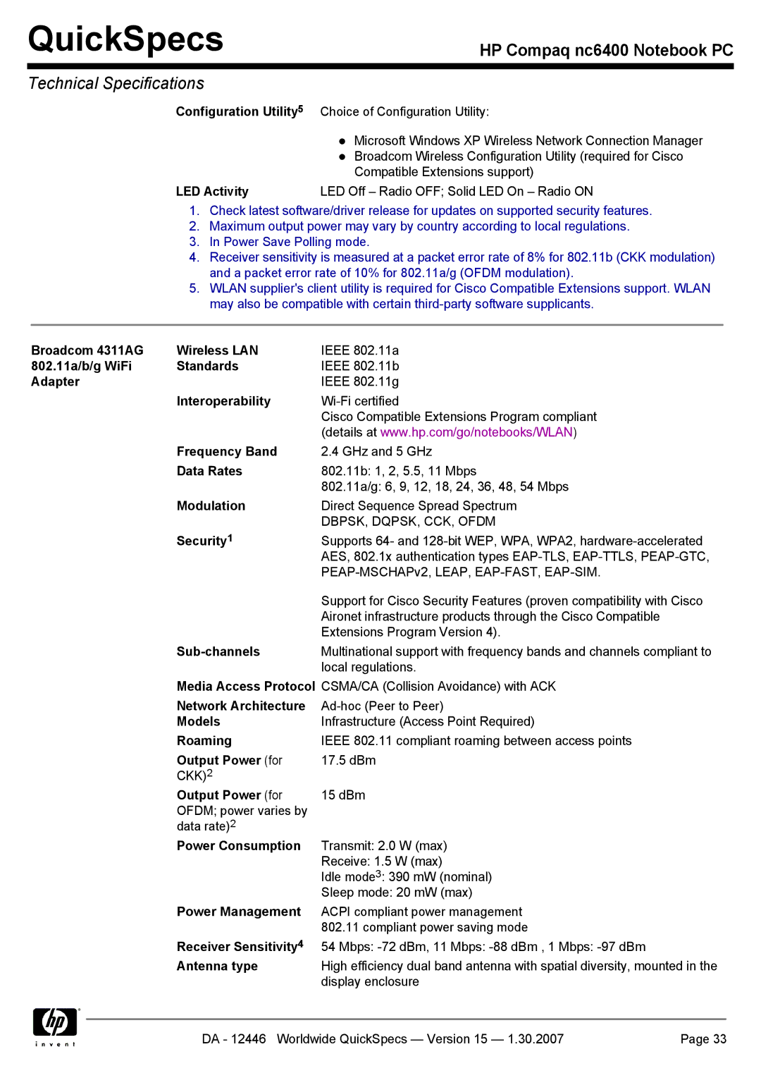 Intel nc6400 manual LED Activity LED Off Radio OFF Solid LED On Radio on, Broadcom 4311AG Wireless LAN 