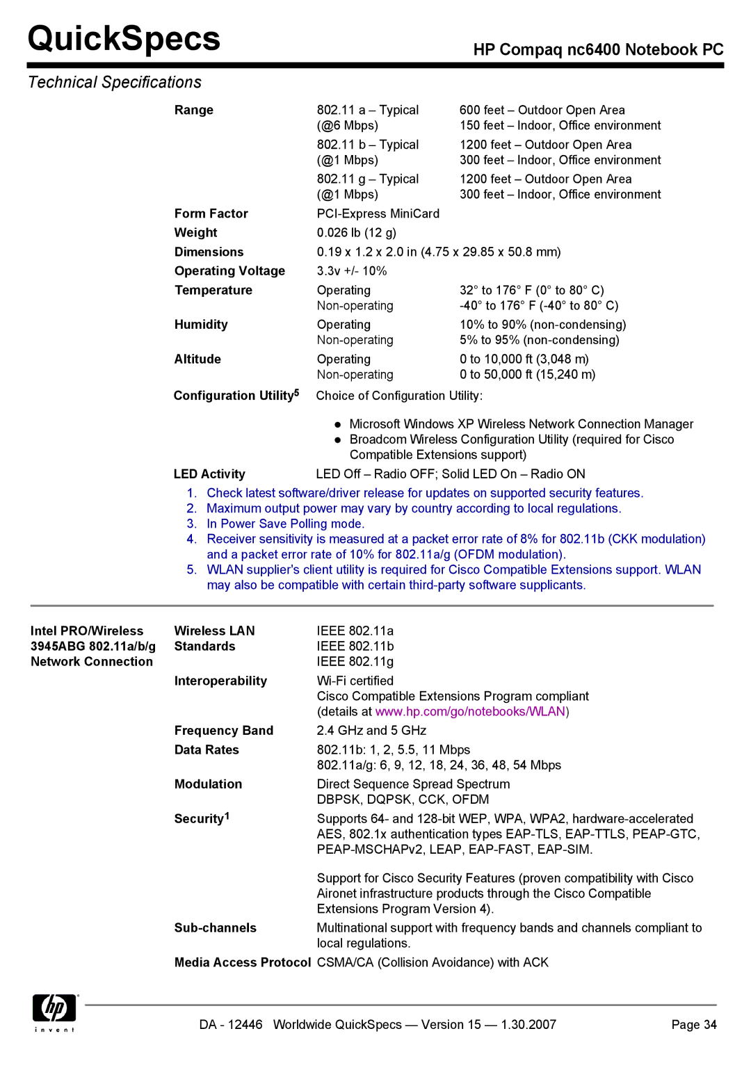 Intel nc6400 Configuration Utility, Intel PRO/Wireless Wireless LAN, 3945ABG 802.11a/b/g Standards, Network Connection 