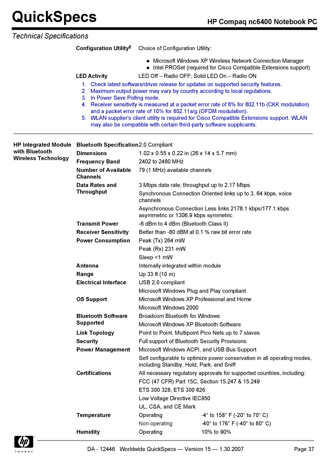 Intel nc6400 Wireless Technology Frequency Band, Number of Available, Channels Data Rates, Throughput, Transmit Power 