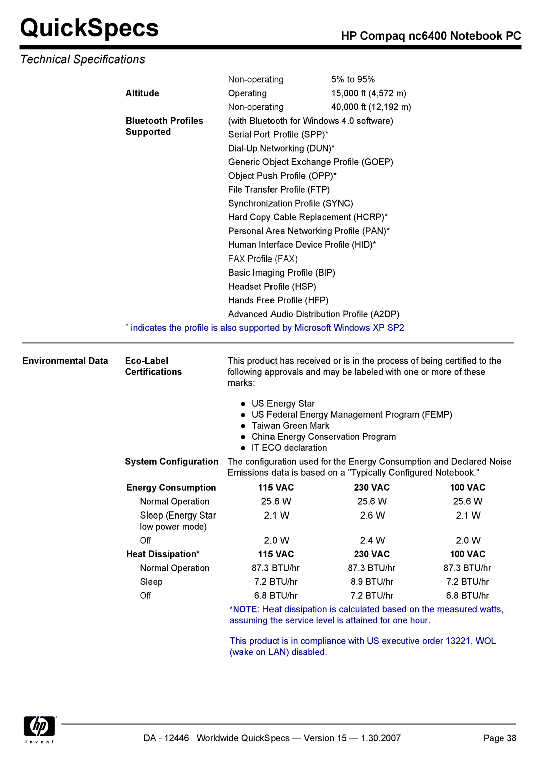 Intel nc6400 manual Bluetooth Profiles, Environmental Data Eco-Label, Energy Consumption 115 VAC 230 VAC 100 VAC 