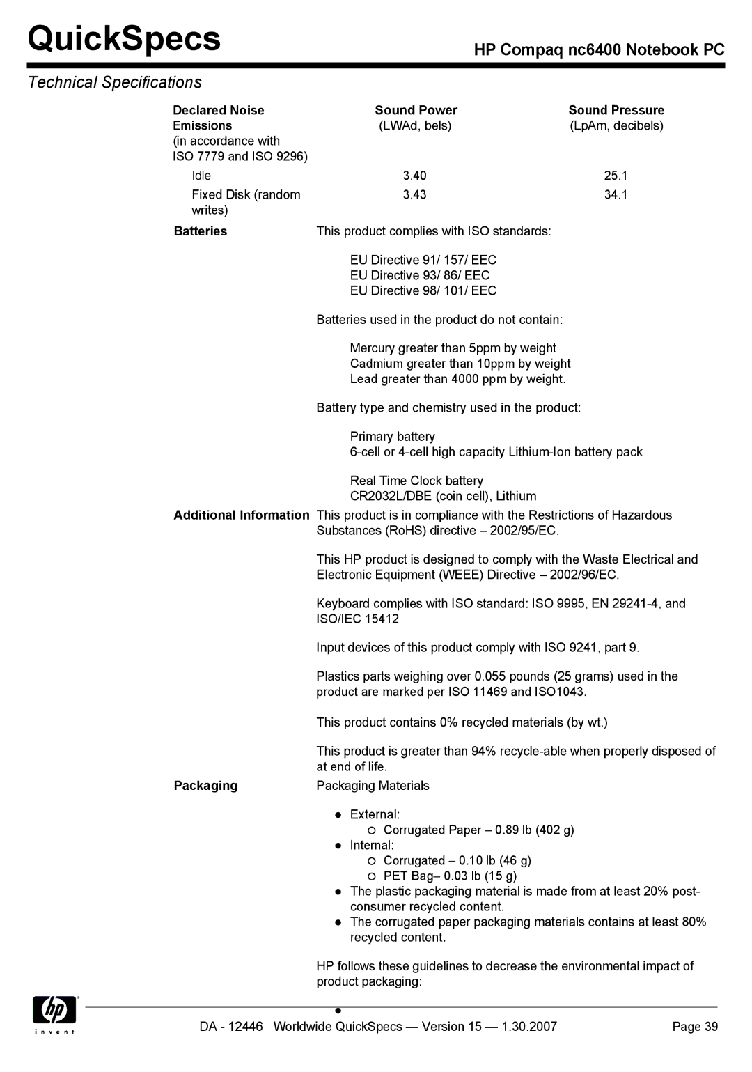 Intel nc6400 manual Declared Noise Sound Power Sound Pressure Emissions, Batteries, Packaging 