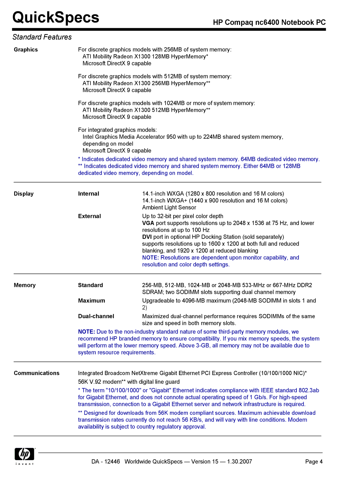 Intel nc6400 manual Graphics, Display Internal, External, Memory Standard, Maximum, Dual-channel, Communications 