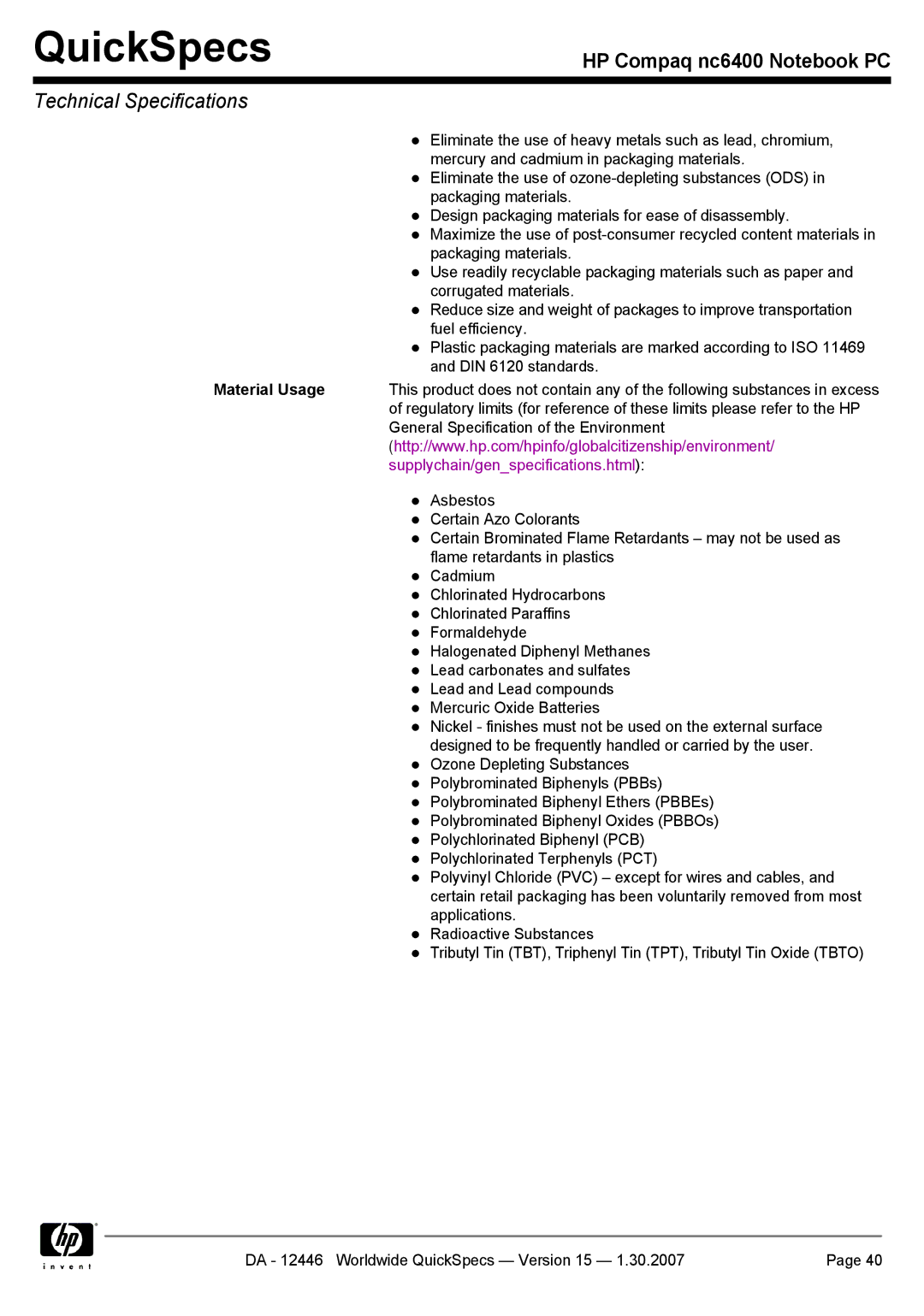 Intel nc6400 manual Material Usage, Supplychain/genspecifications.html 