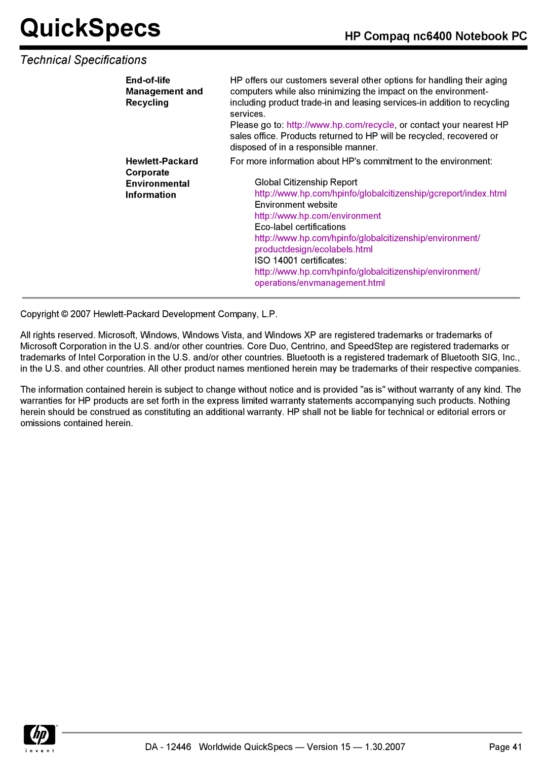 Intel nc6400 manual QuickSpecs 