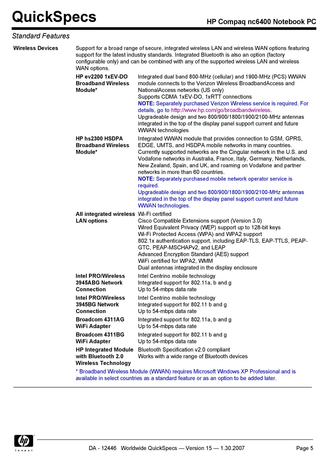 Intel nc6400 manual HP ev2200 1xEV-DO, Broadband Wireless, Module, HP hs2300 Hsdpa, All integrated wireless, LAN options 
