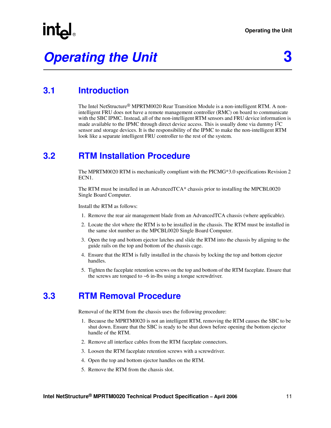 Intel Netstructure MPRTM0020 Rear Transition module manual Operating the Unit, Introduction, RTM Installation Procedure 