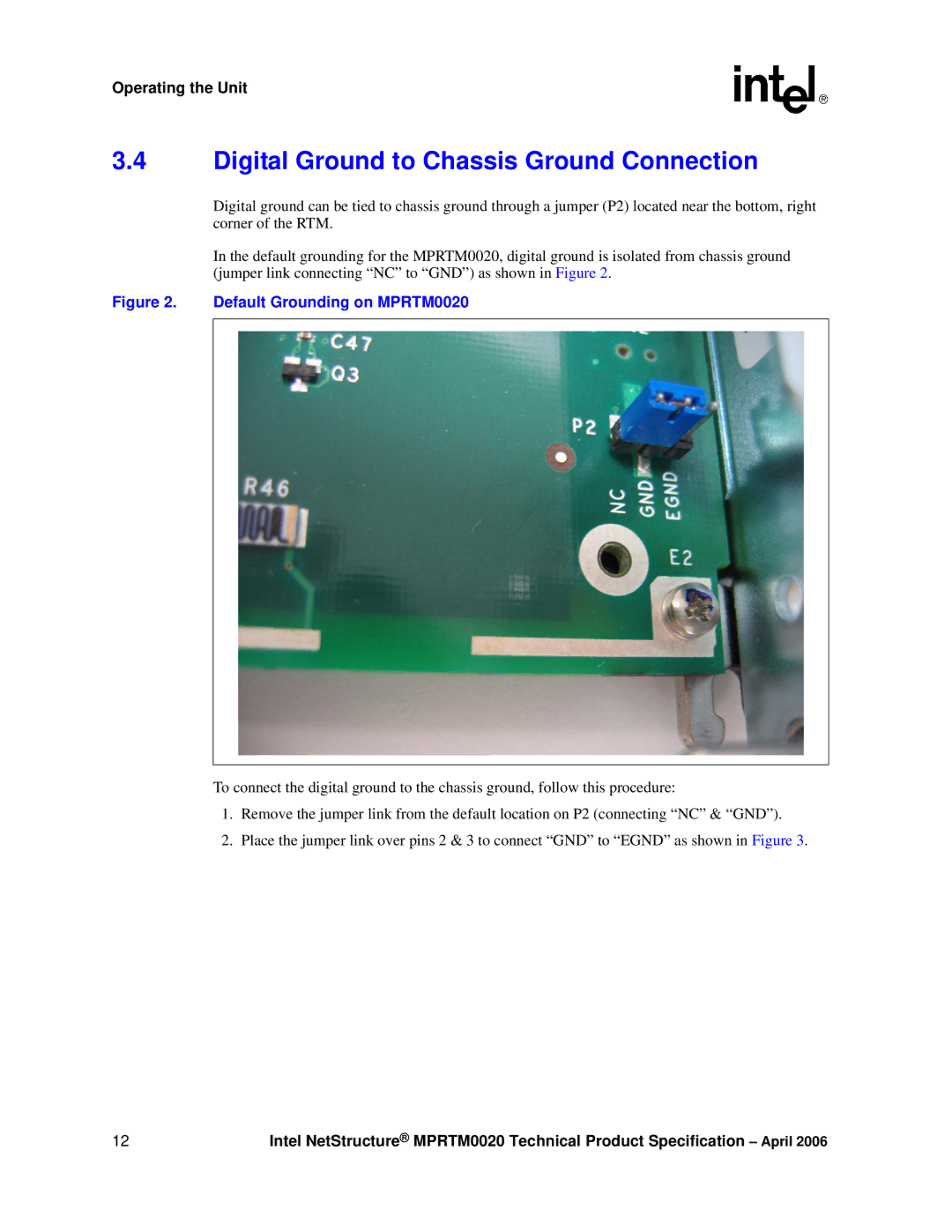 Intel manual Digital Ground to Chassis Ground Connection, Default Grounding on MPRTM0020 