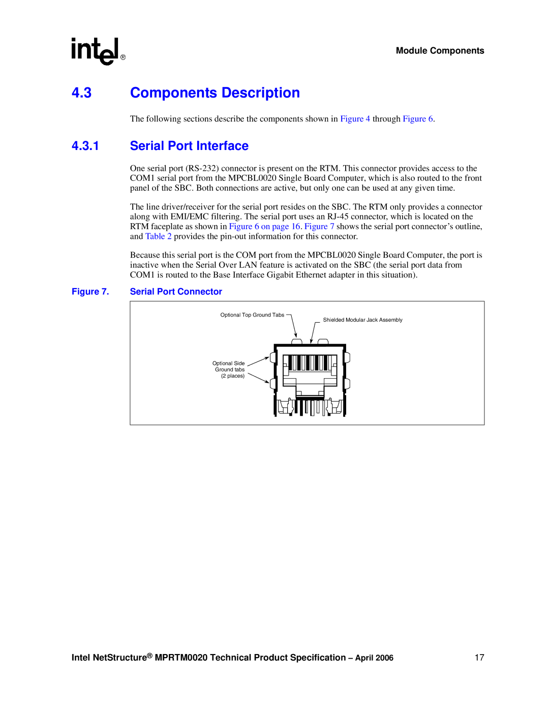 Intel Netstructure MPRTM0020 Rear Transition module manual Components Description, Serial Port Interface 