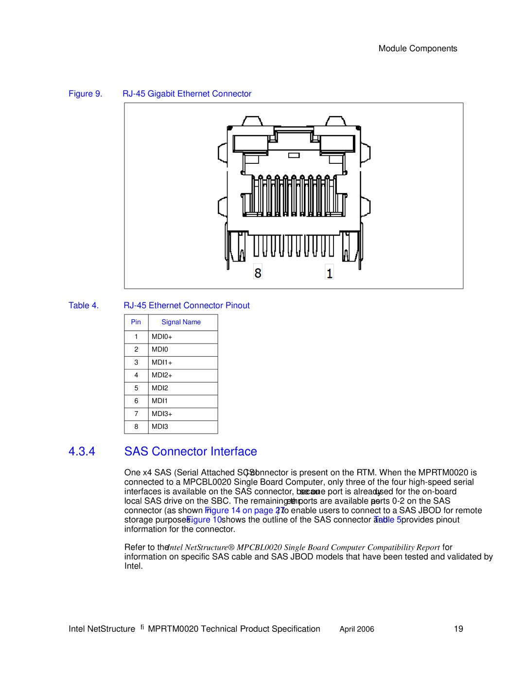 Intel Netstructure MPRTM0020 Rear Transition module manual SAS Connector Interface, Pin Signal Name 