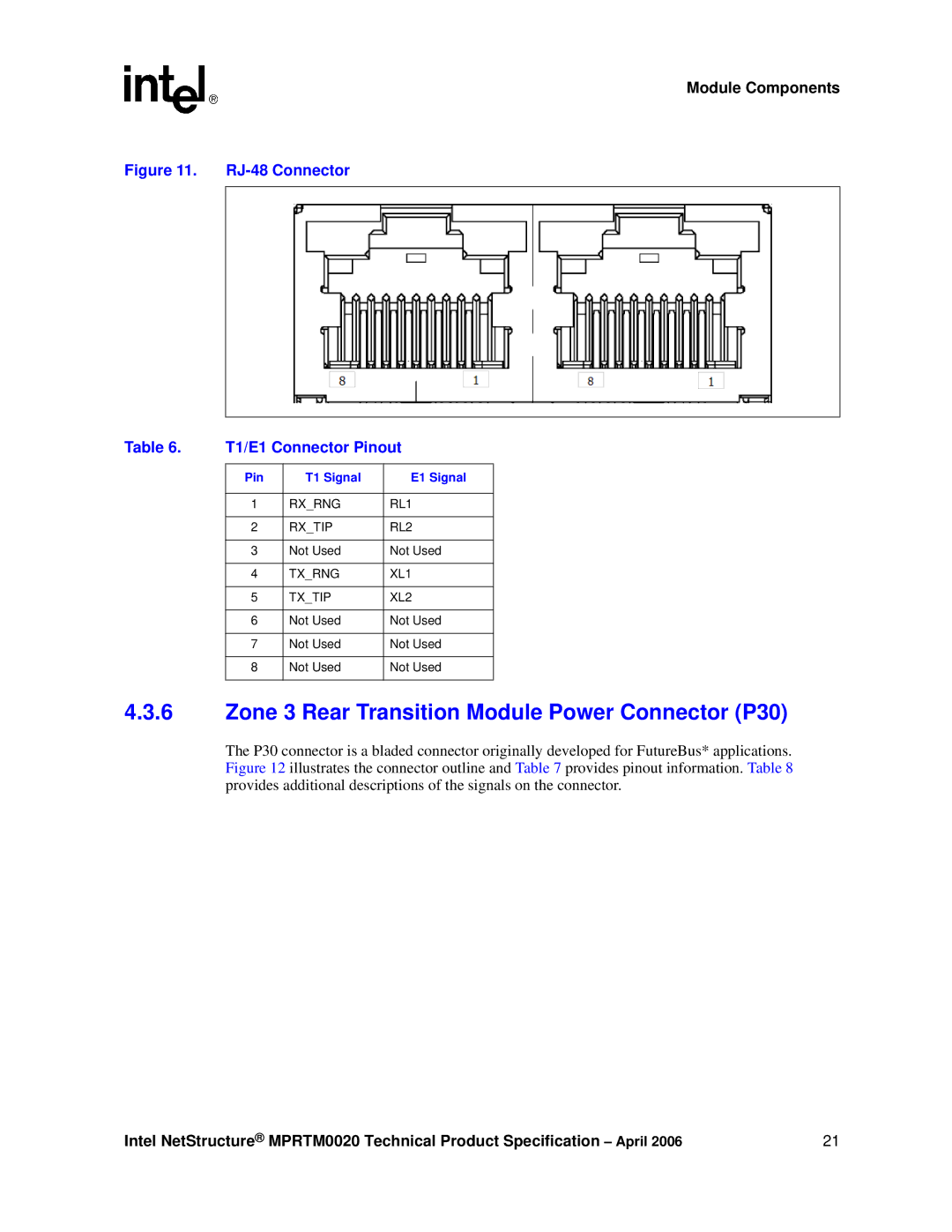 Intel Netstructure MPRTM0020 Rear Transition module Zone 3 Rear Transition Module Power Connector P30, T1 Signal E1 Signal 