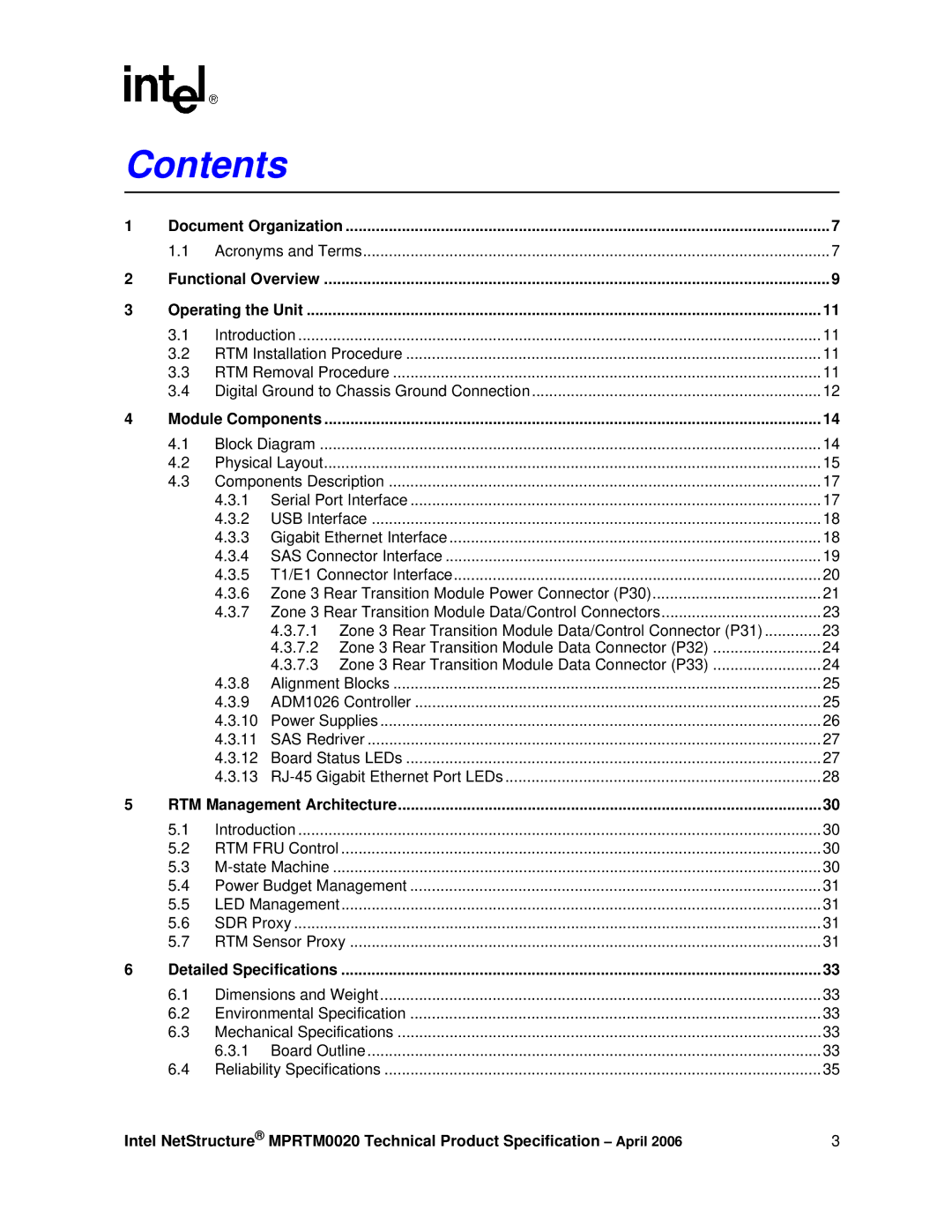 Intel Netstructure MPRTM0020 Rear Transition module manual Contents 