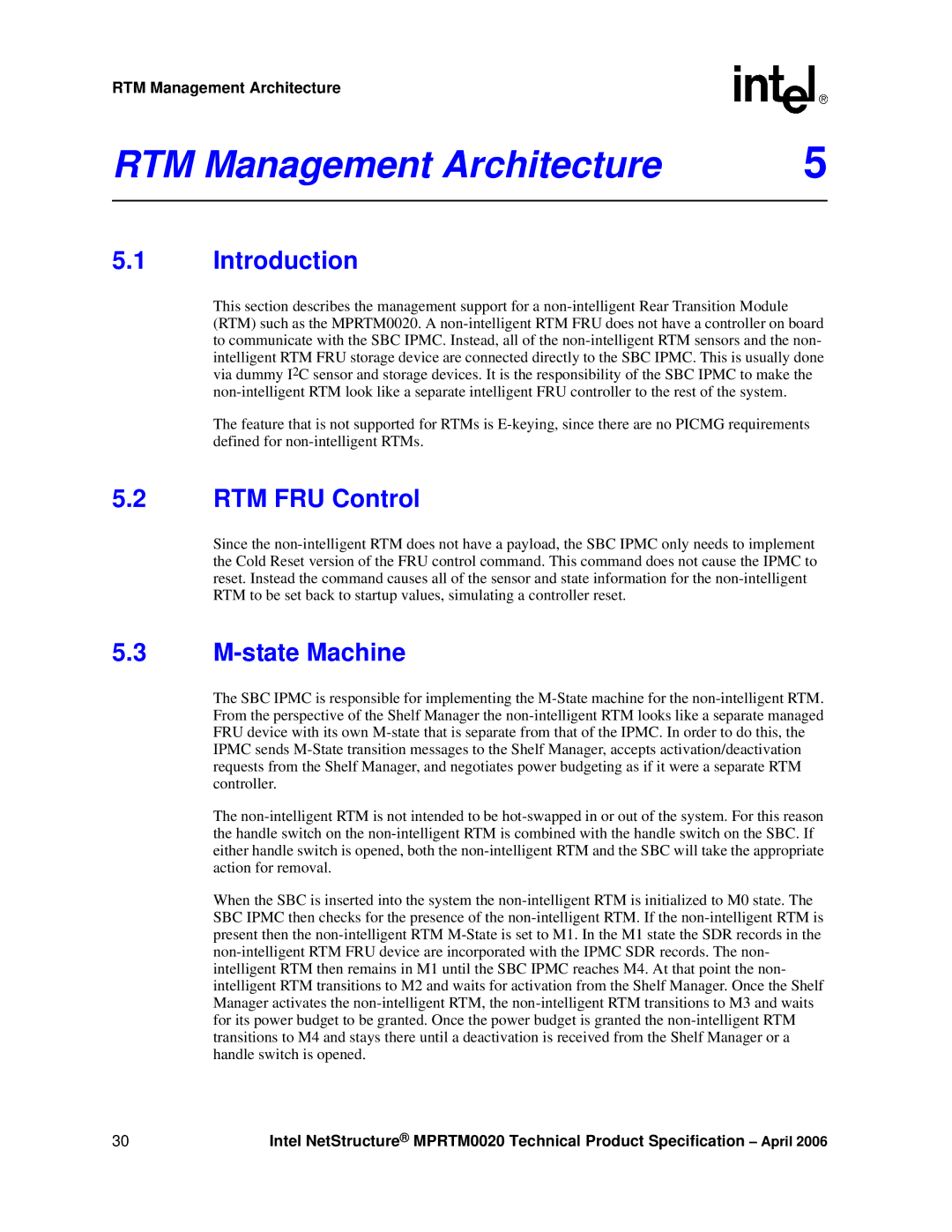 Intel Netstructure MPRTM0020 Rear Transition module manual RTM Management Architecture, RTM FRU Control, State Machine 