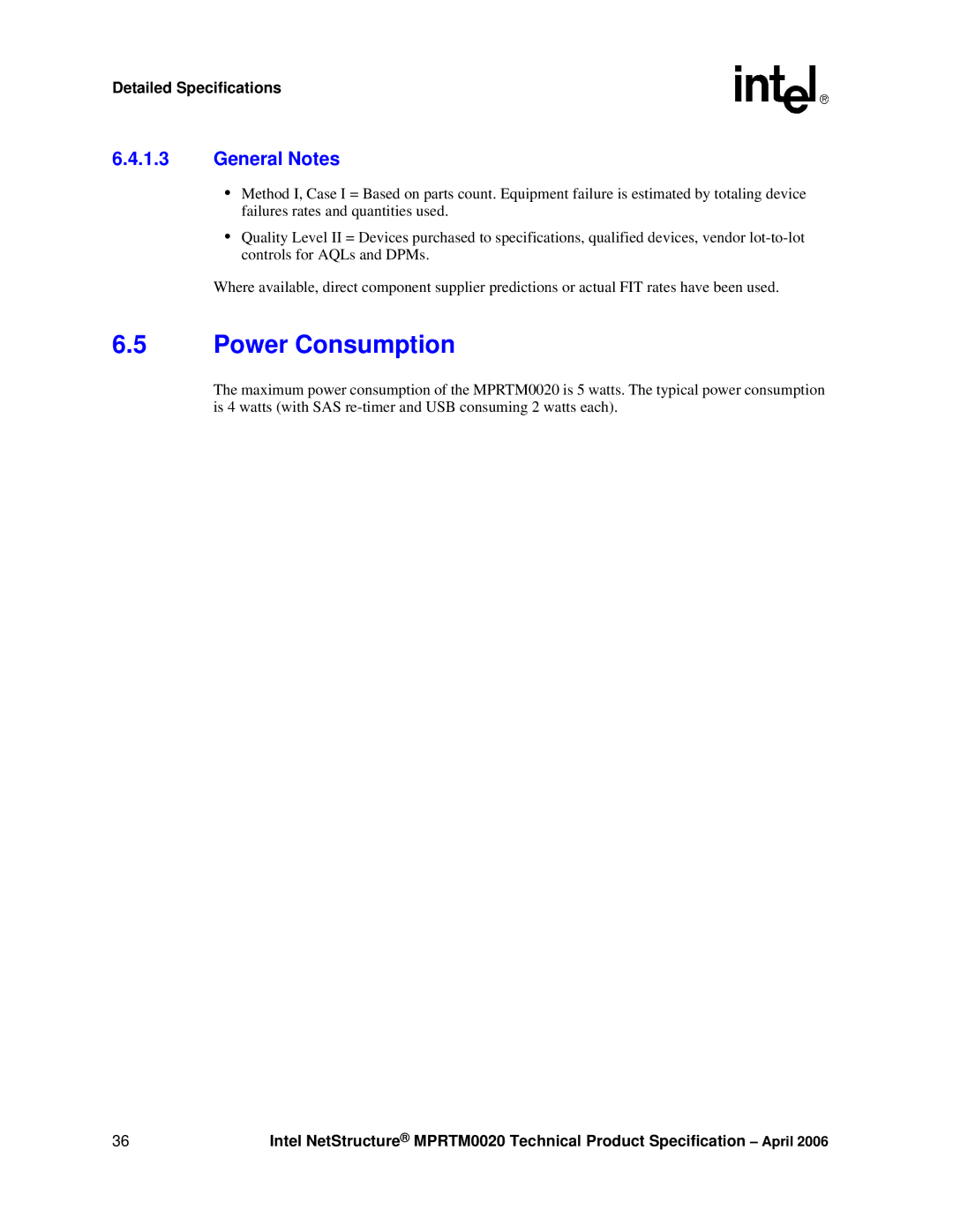 Intel Netstructure MPRTM0020 Rear Transition module manual Power Consumption, General Notes 