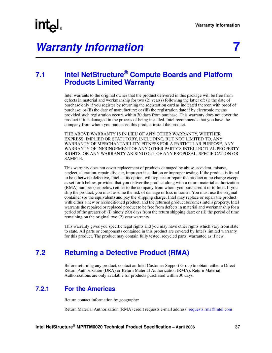 Intel Netstructure MPRTM0020 Rear Transition module manual Warranty Information, Returning a Defective Product RMA 