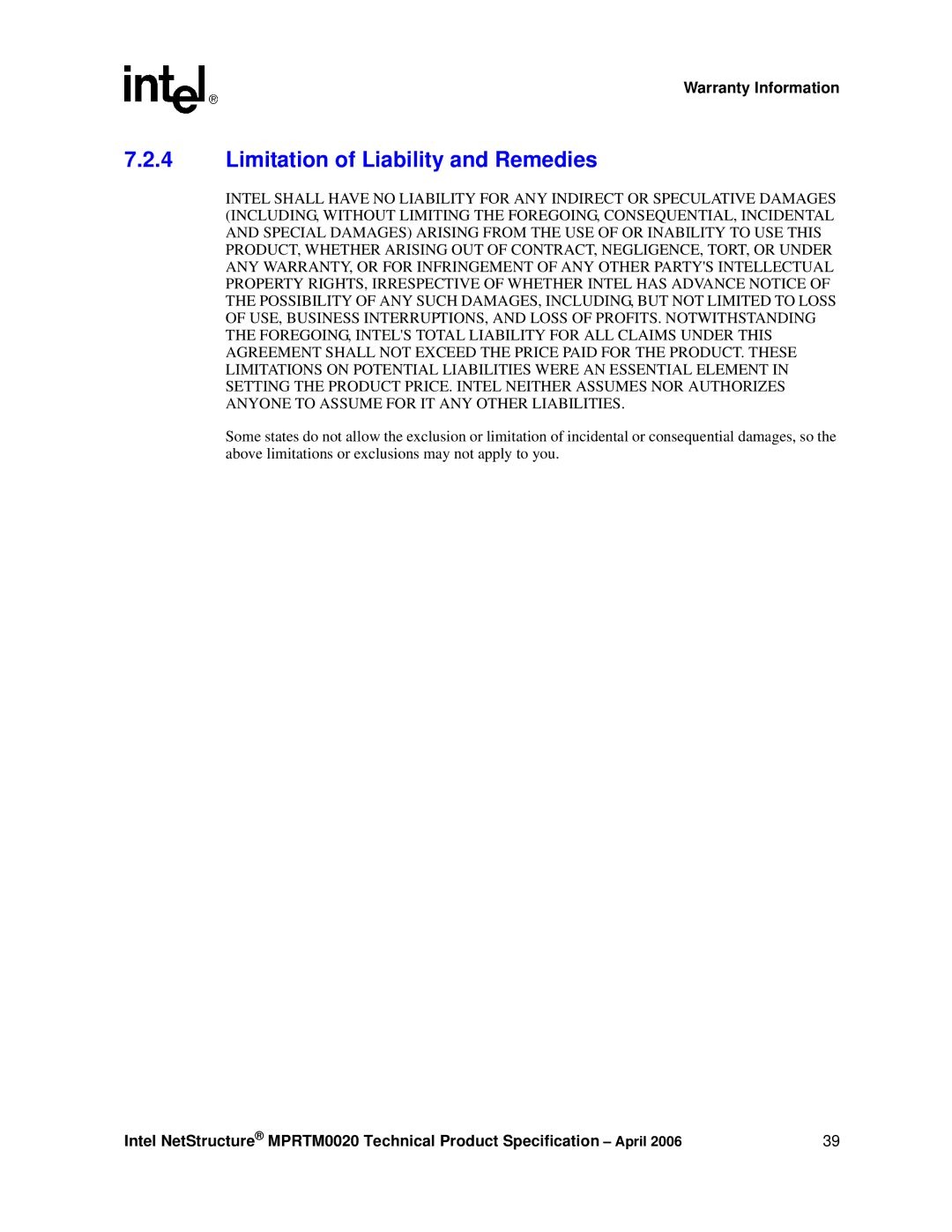 Intel Netstructure MPRTM0020 Rear Transition module manual Limitation of Liability and Remedies 