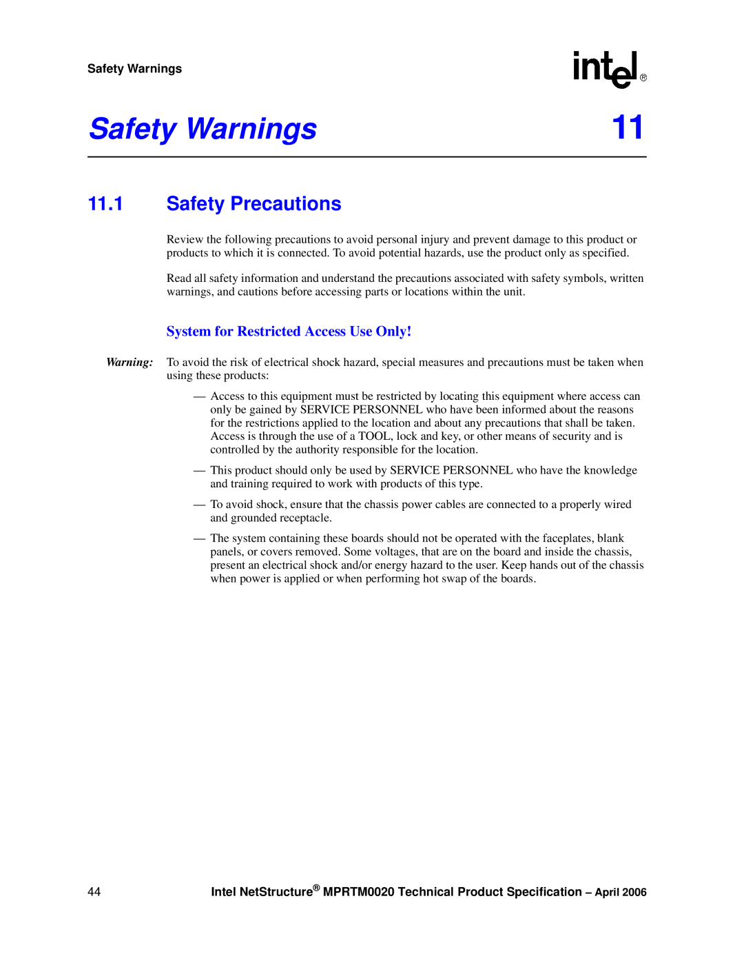 Intel Netstructure MPRTM0020 Rear Transition module manual Safety Warnings, Safety Precautions 