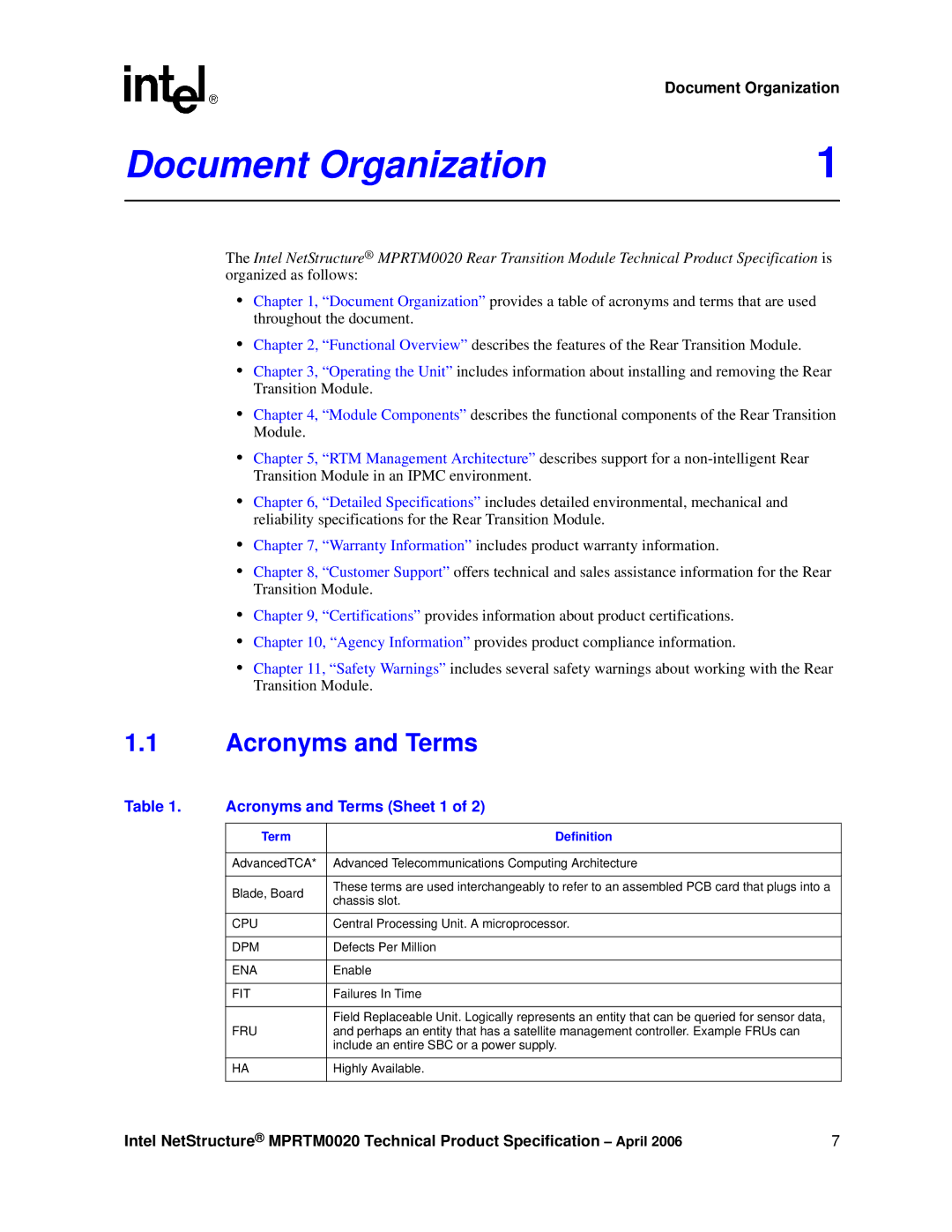 Intel Netstructure MPRTM0020 Rear Transition module Document Organization, Acronyms and Terms Sheet 1, Term Definition 