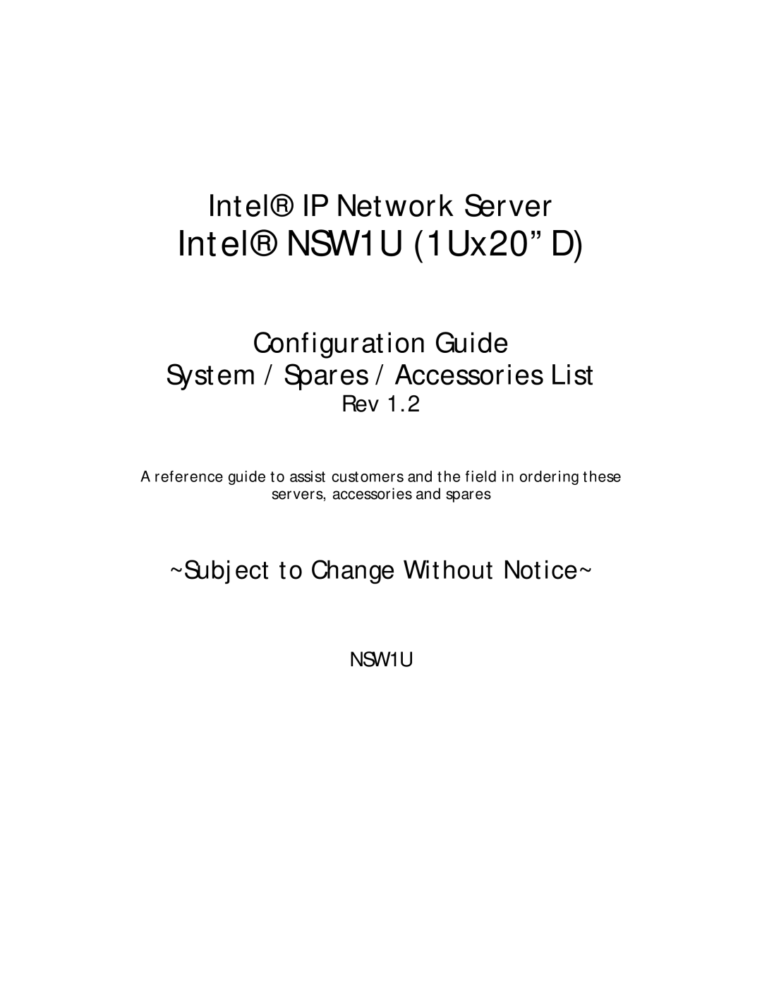 Intel manual Intel NSW1U 1Ux20D 