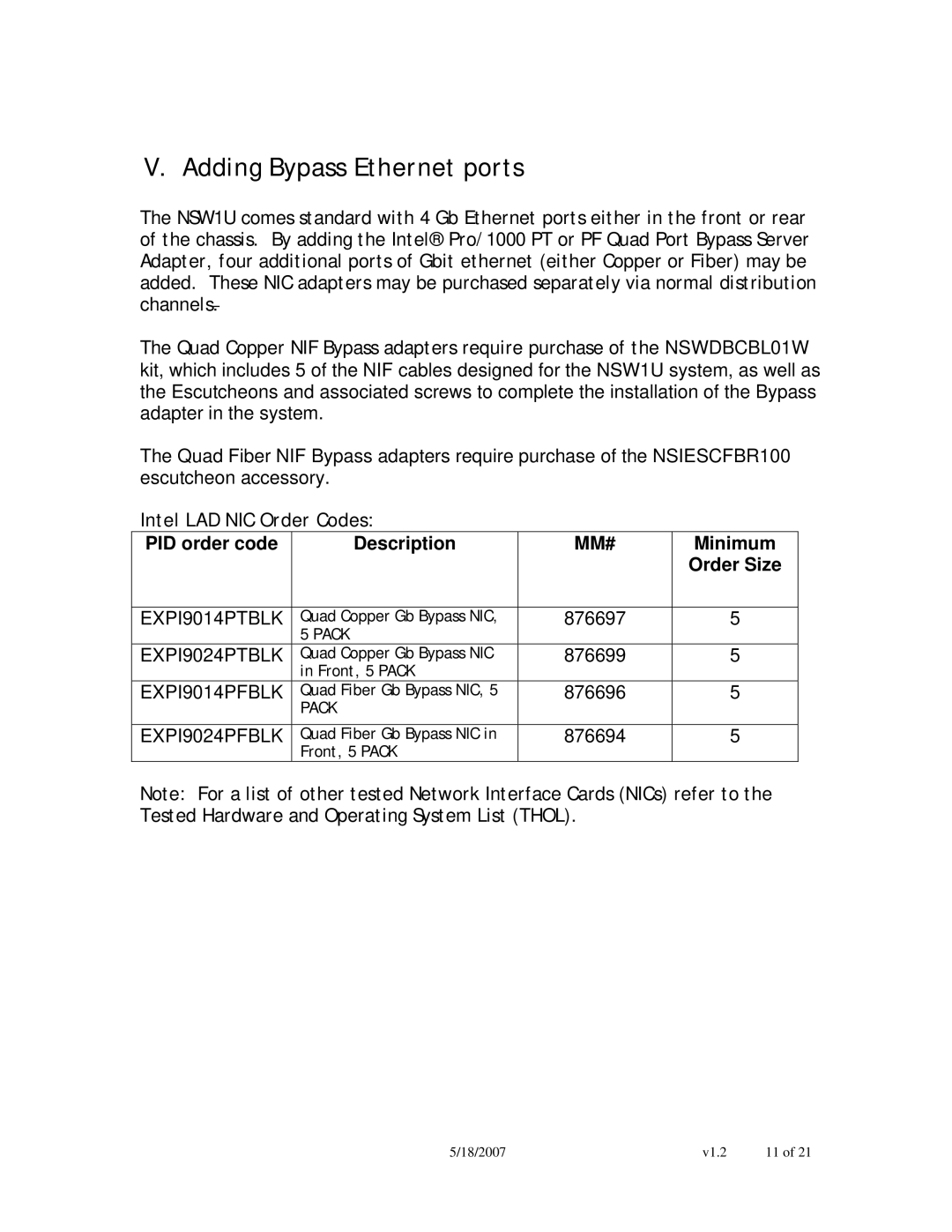 Intel NSW1U manual Adding Bypass Ethernet ports, Intel LAD NIC Order Codes 