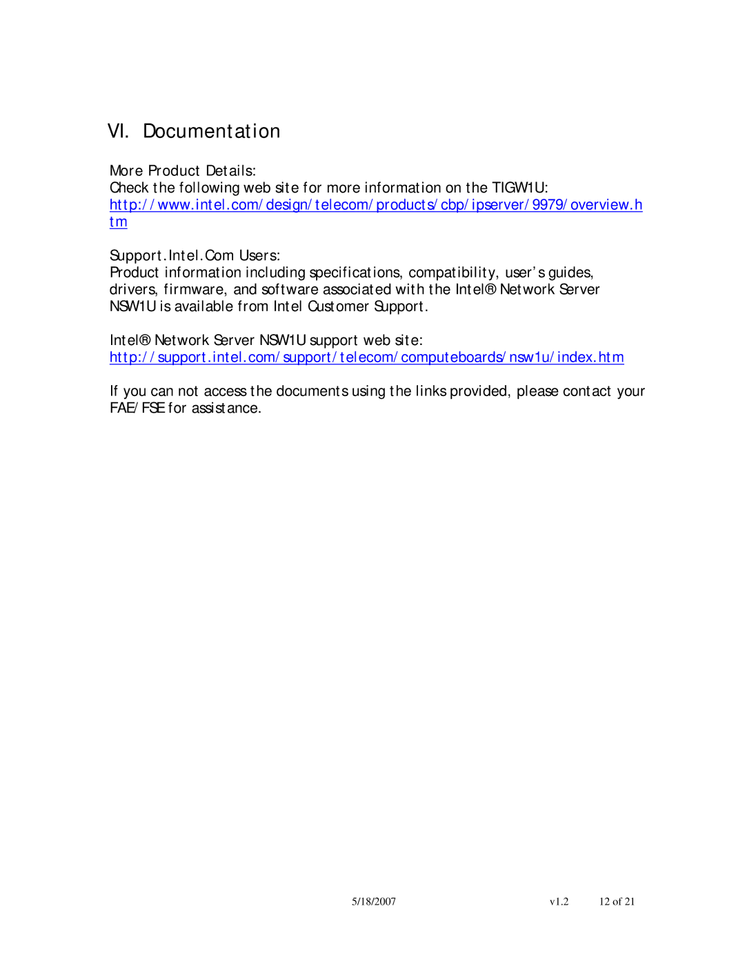 Intel NSW1U manual VI. Documentation, More Product Details 