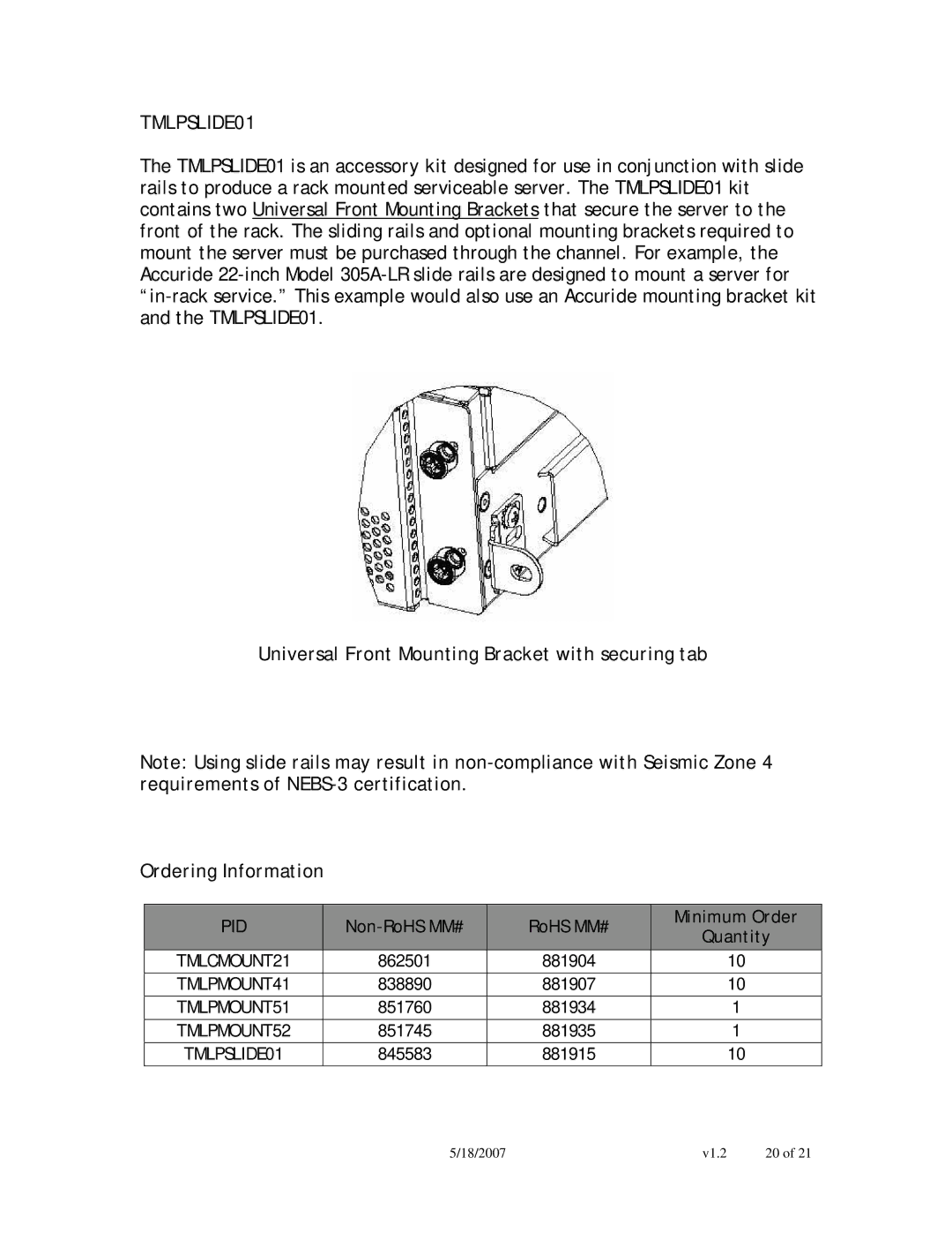 Intel NSW1U manual TMLPSLIDE01, Pid 