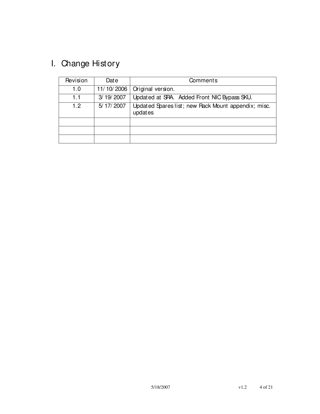 Intel NSW1U manual Change History, Revision Date Comments 