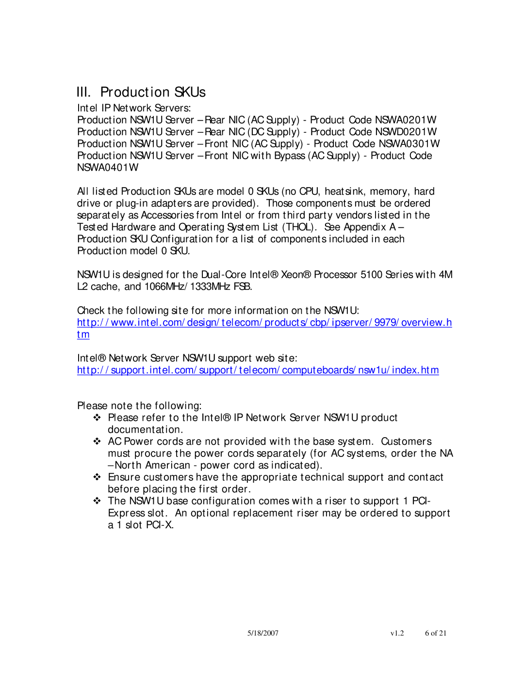 Intel NSW1U manual III. Production SKUs, NSWA0401W 