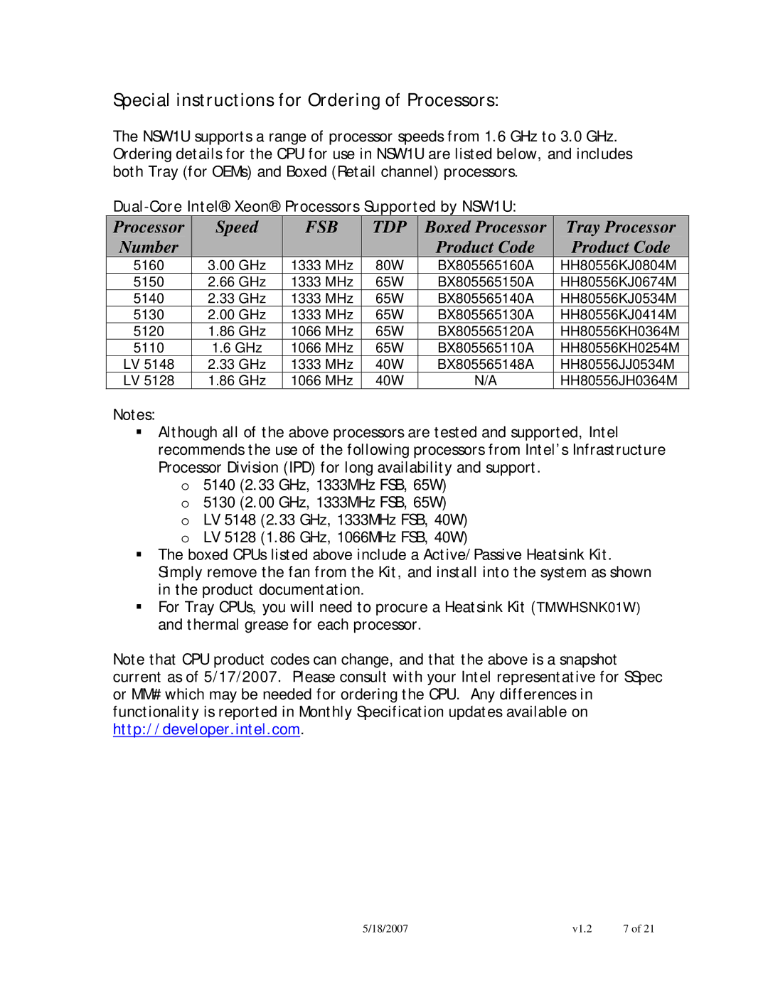 Intel NSW1U manual Special instructions for Ordering of Processors 