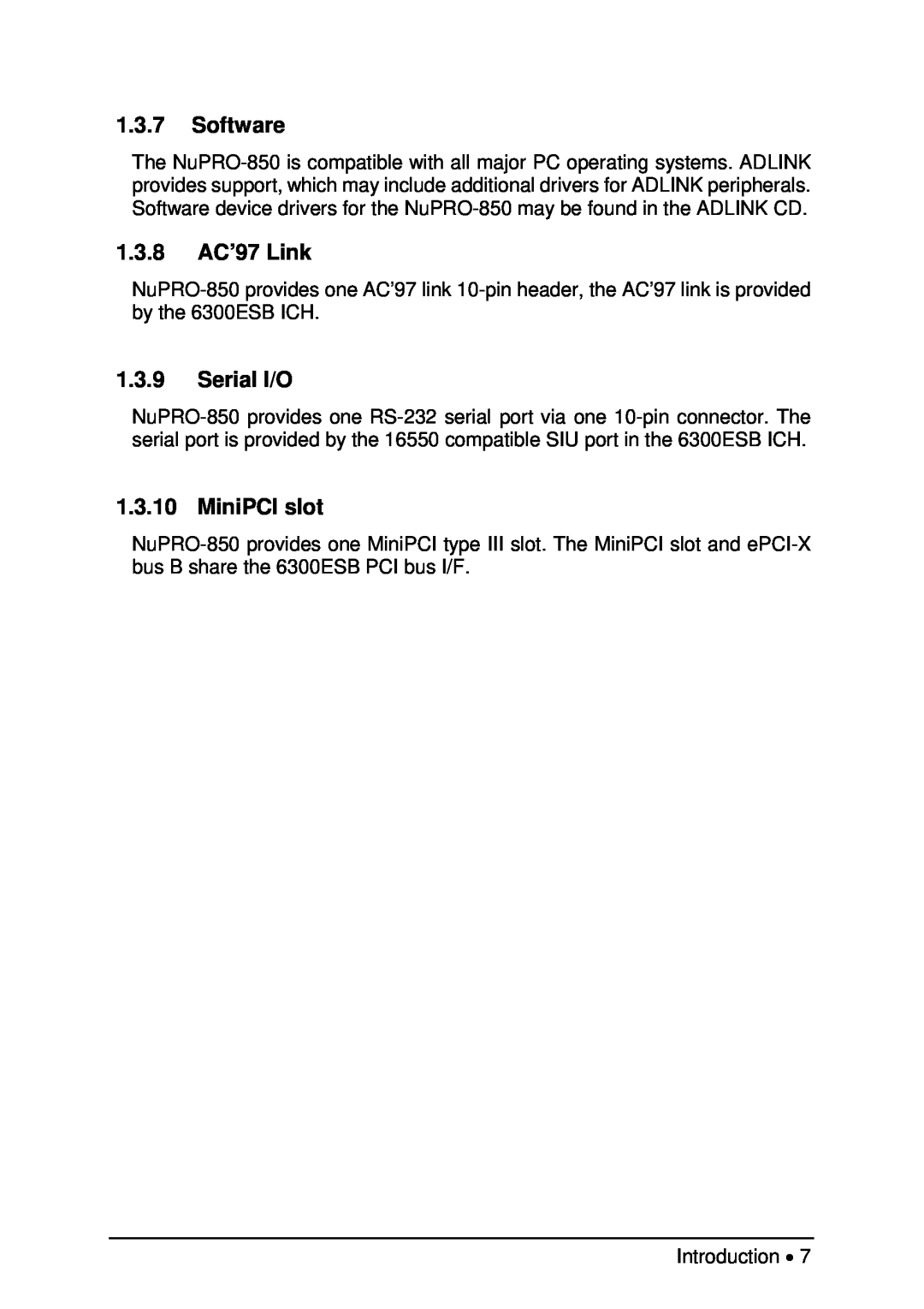 Intel NuPRO-850 user manual Software, 1.3.8 AC’97 Link, Serial I/O, MiniPCI slot 