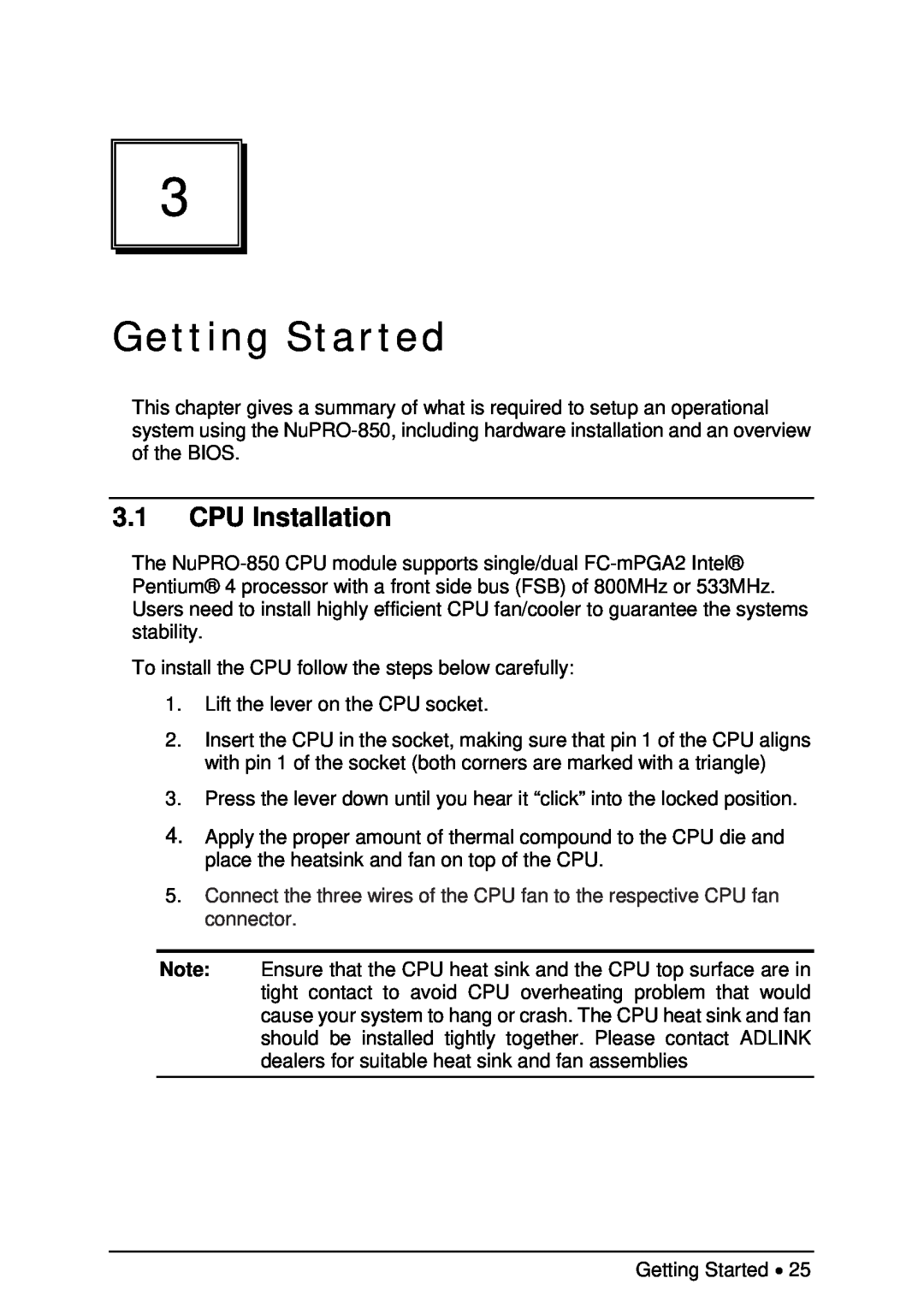 Intel NuPRO-850 user manual Getting Started, CPU Installation 