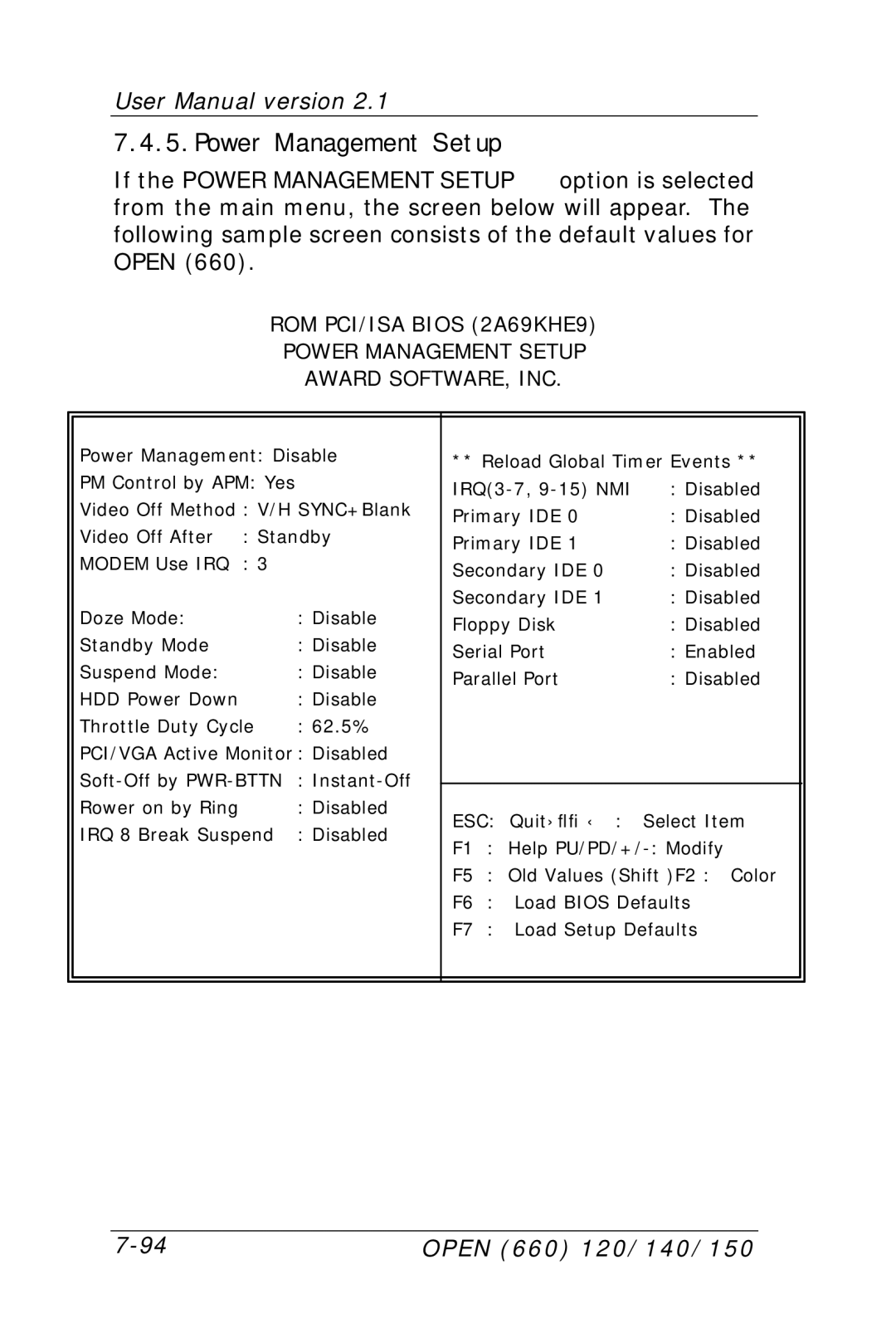 Intel OPEN (660) 120/140/150 II user manual Power Management Setup 