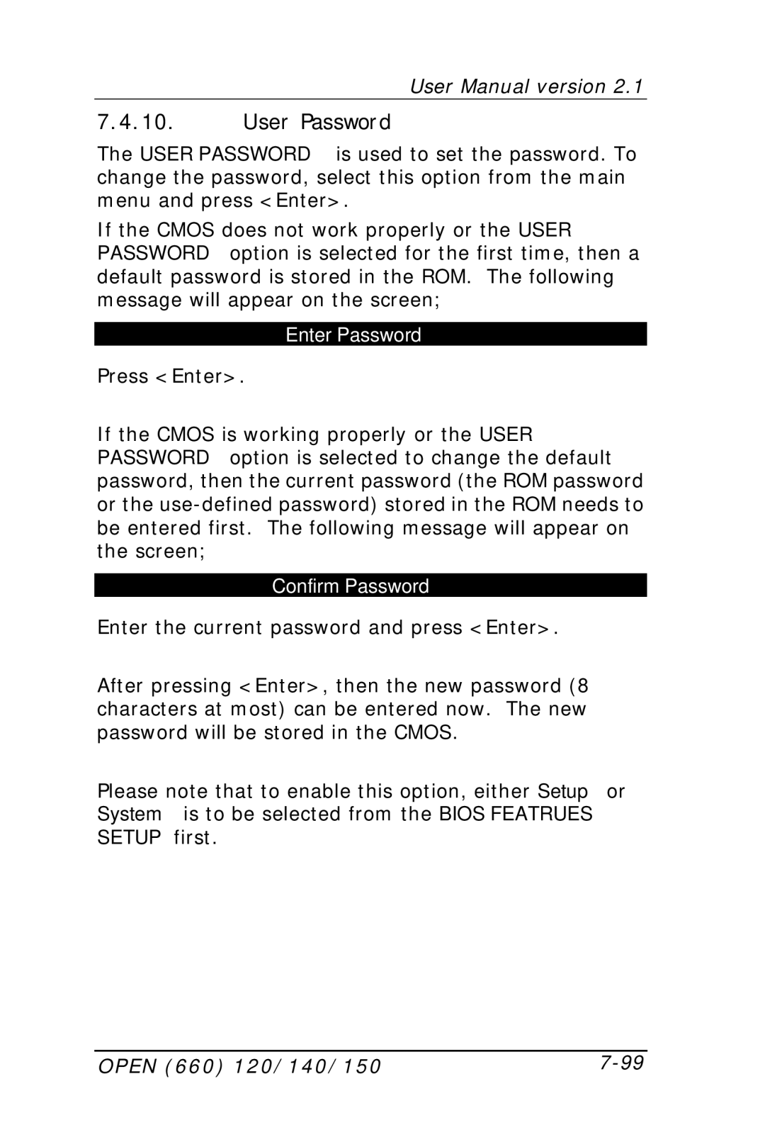 Intel OPEN (660) 120/140/150 II user manual User Password, Enter Password 