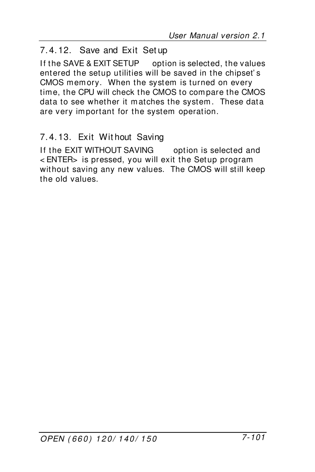 Intel OPEN (660) 120/140/150 II user manual Save and Exit Setup, Exit Without Saving, Open 660 120/140/150 101 