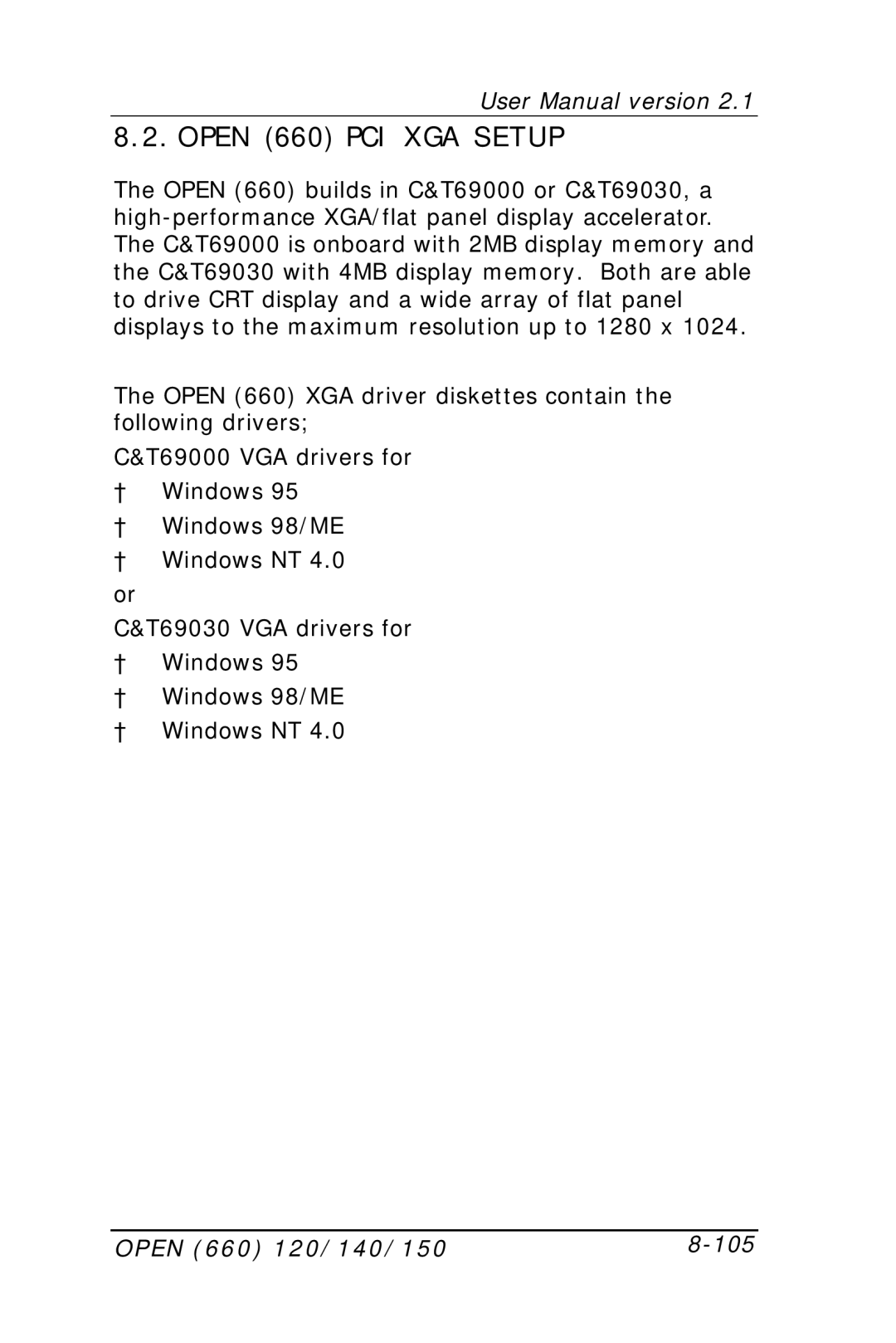 Intel OPEN (660) 120/140/150 II user manual Open 660 PCI XGA Setup, Open 660 120/140/150 105 