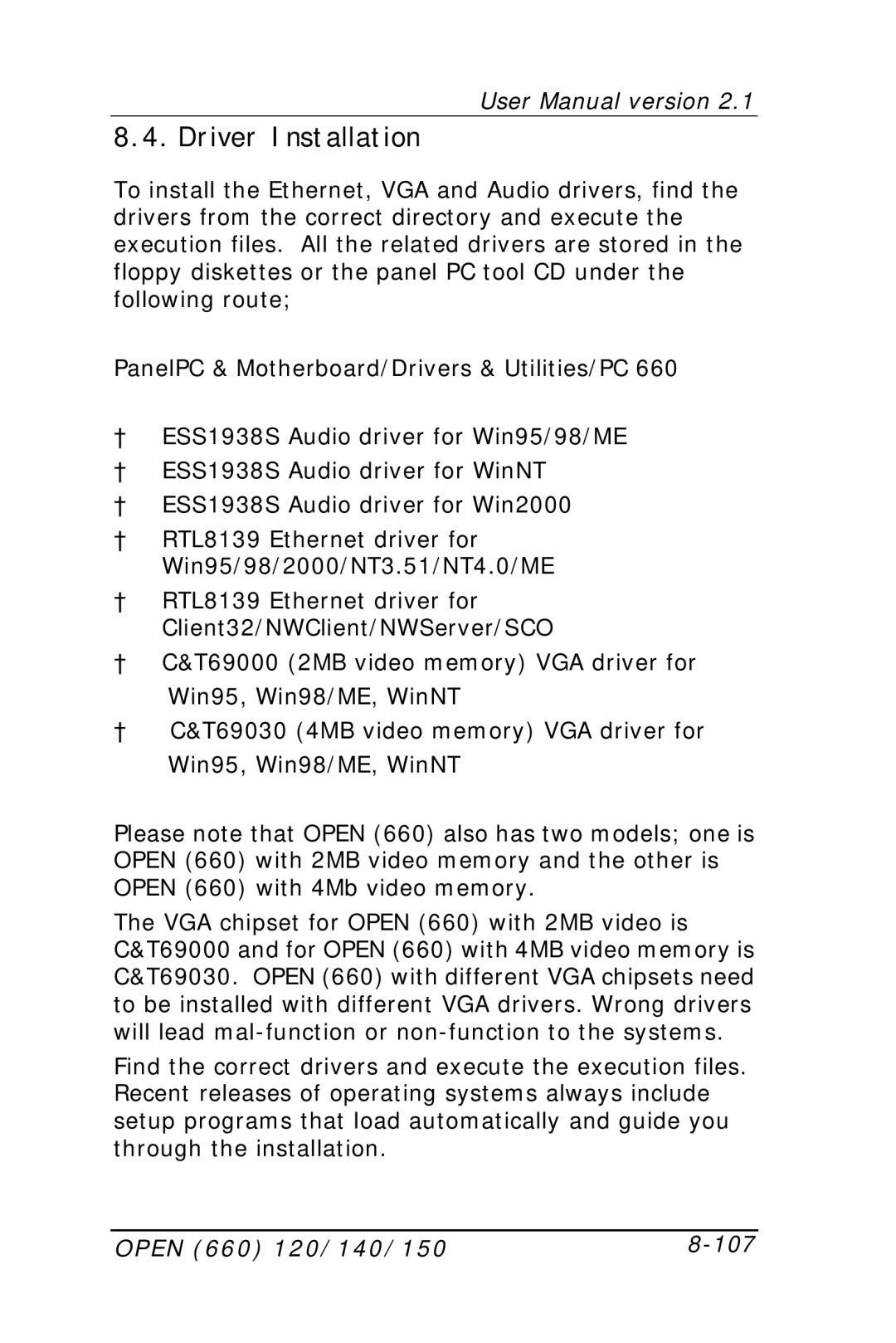 Intel OPEN (660) 120/140/150 II user manual Driver Installation, Open 660 120/140/150 107 