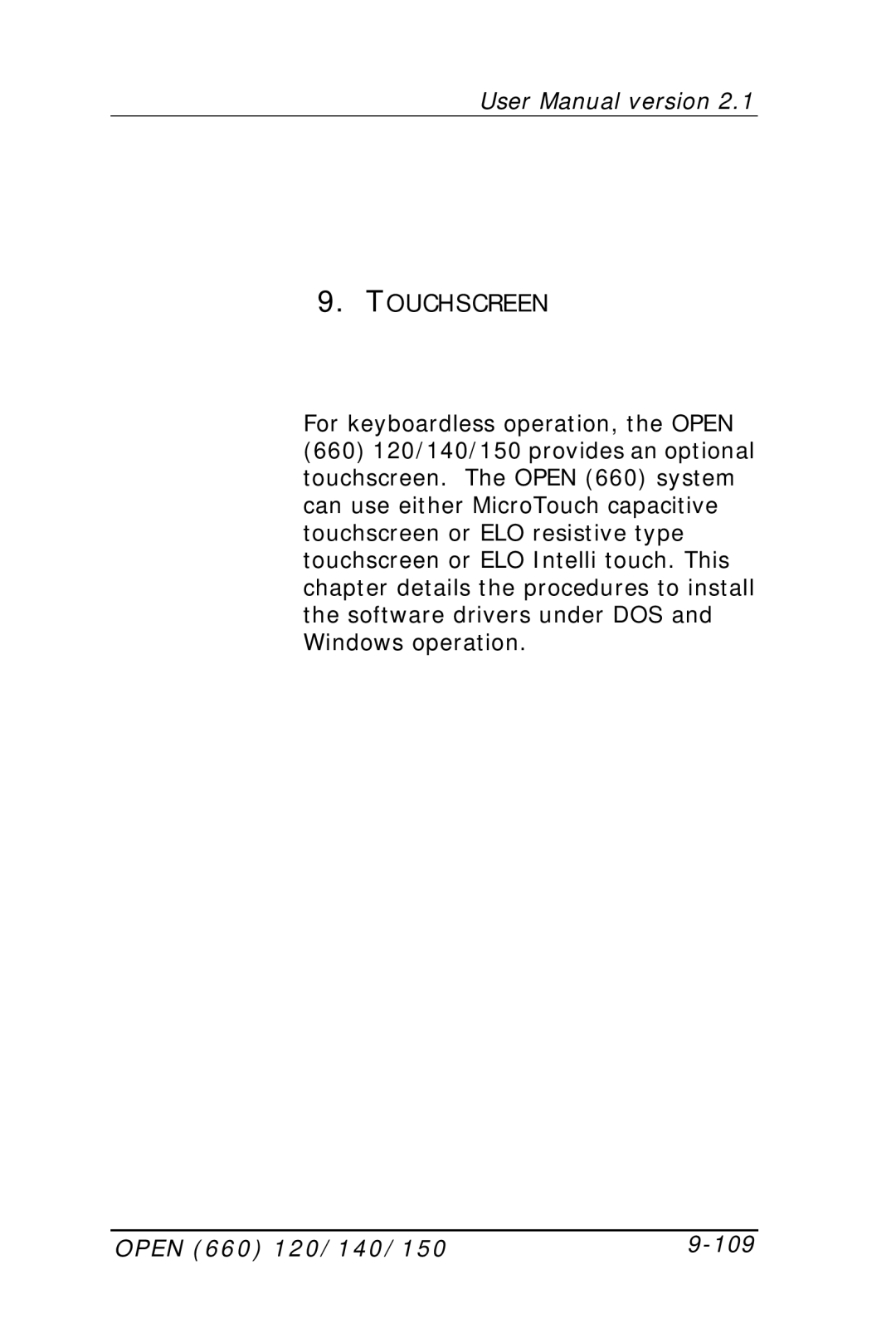 Intel OPEN (660) 120/140/150 II user manual Touchscreen, Open 660 120/140/150 109 