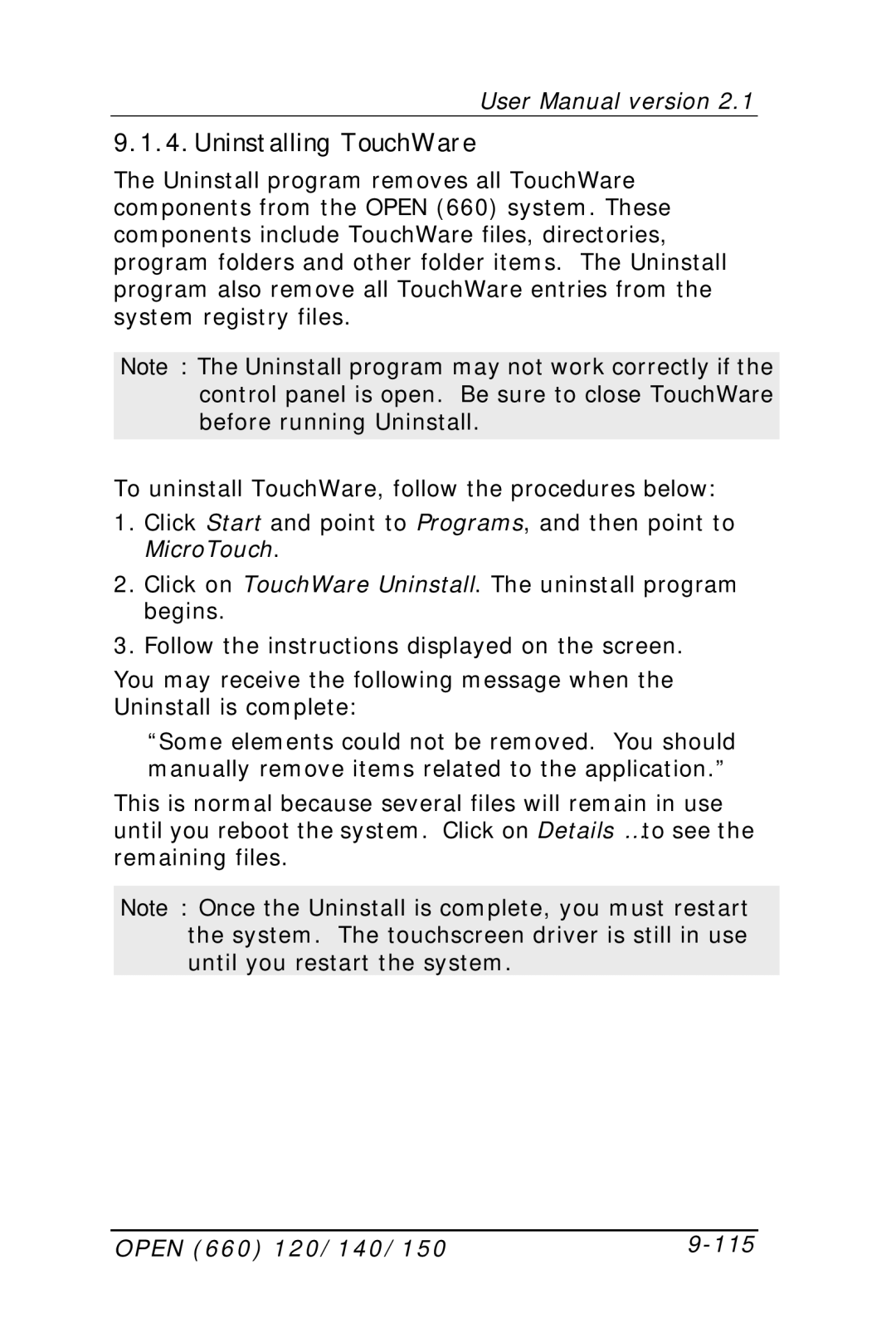 Intel OPEN (660) 120/140/150 II user manual Uninstalling TouchWare, Open 660 120/140/150 115 