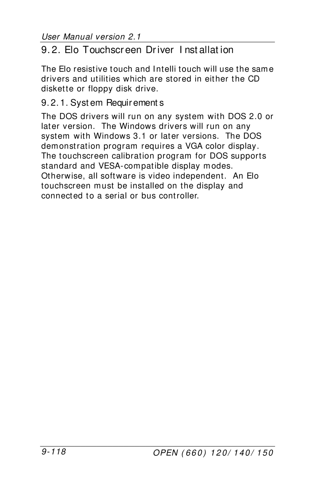 Intel OPEN (660) 120/140/150 II user manual Elo Touchscreen Driver Installation, System Requirements 