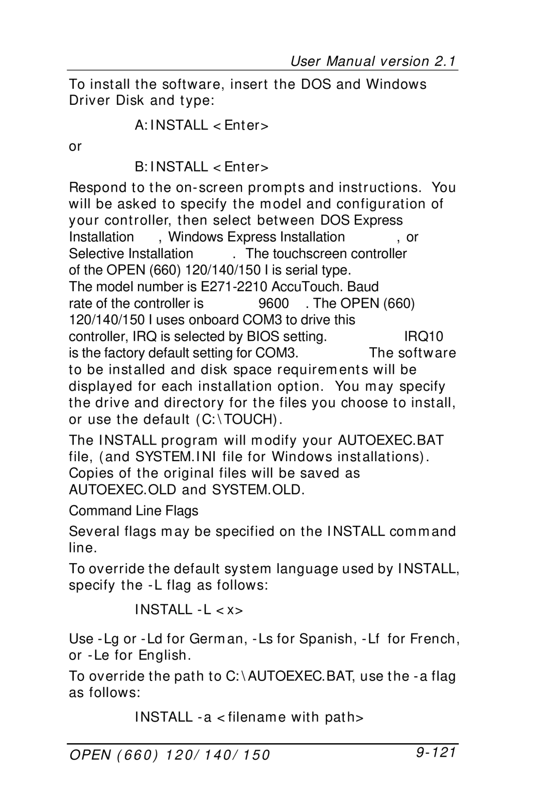 Intel OPEN (660) 120/140/150 II user manual Command Line Flags, Open 660 120/140/150 121 