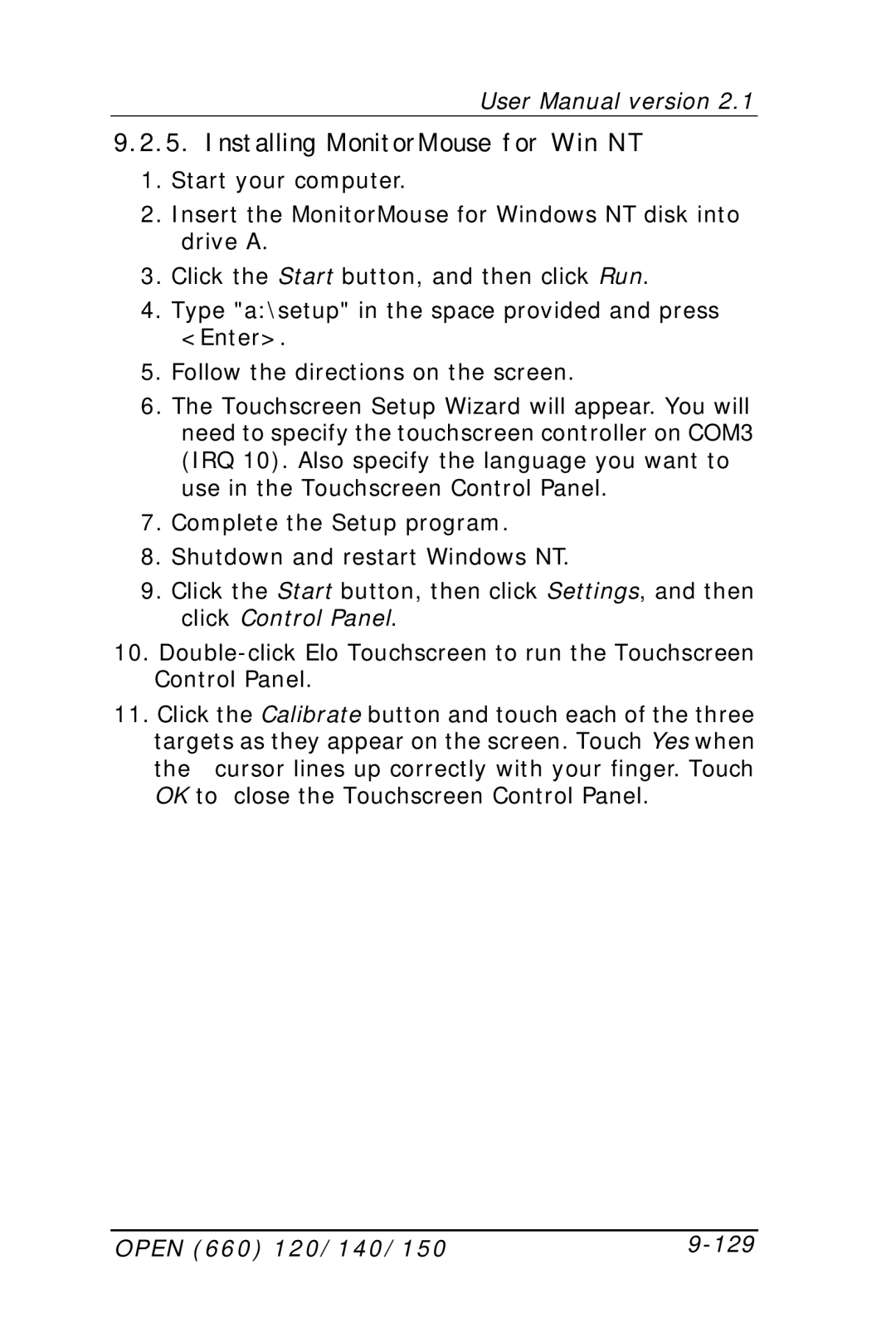 Intel OPEN (660) 120/140/150 II user manual Installing MonitorMouse for Win NT, Open 660 120/140/150 129 