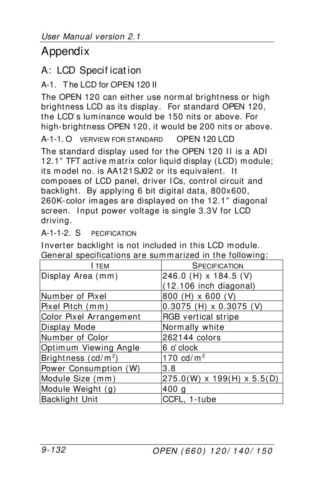 Intel OPEN (660) 120/140/150 II user manual LCD Specification, LCD for Open 120 