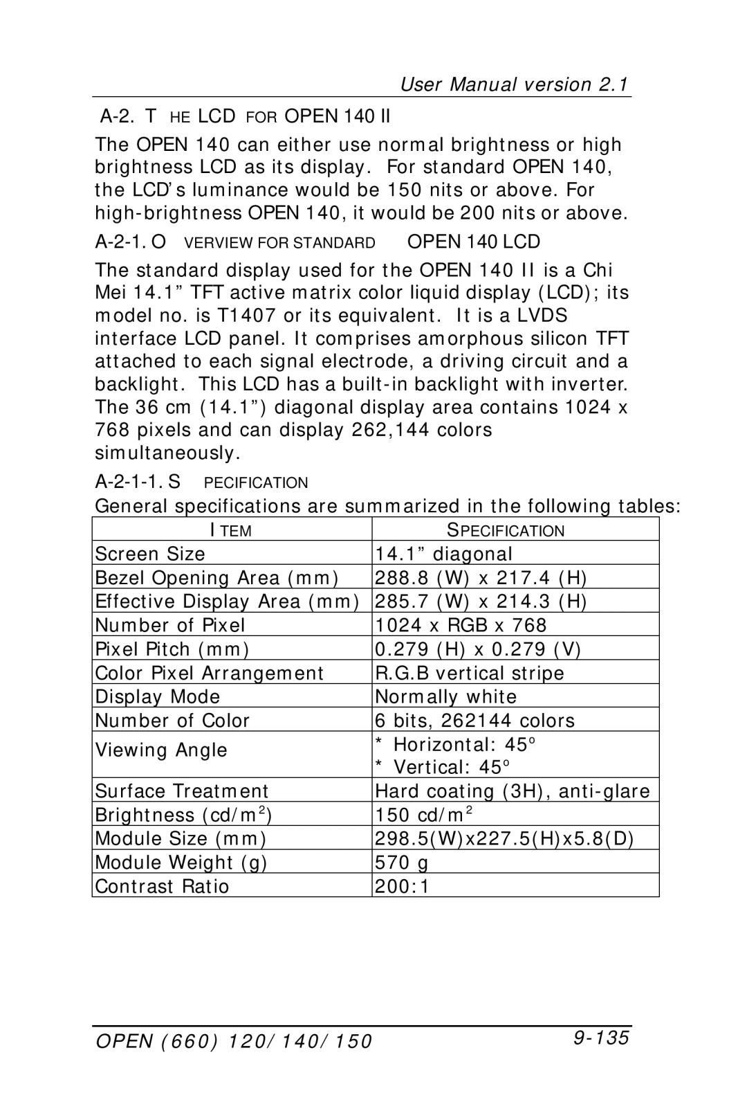 Intel OPEN (660) 120/140/150 II user manual LCD for Open 140, Open 660 120/140/150 135 