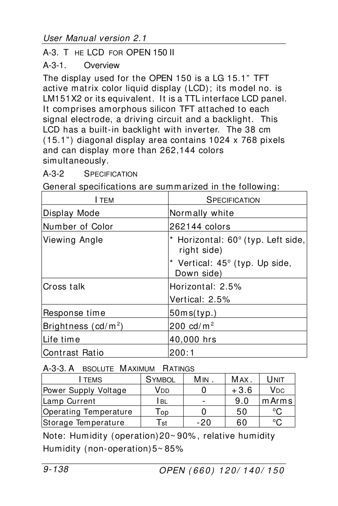 Intel OPEN (660) 120/140/150 II user manual LCD for Open 150, Overview 