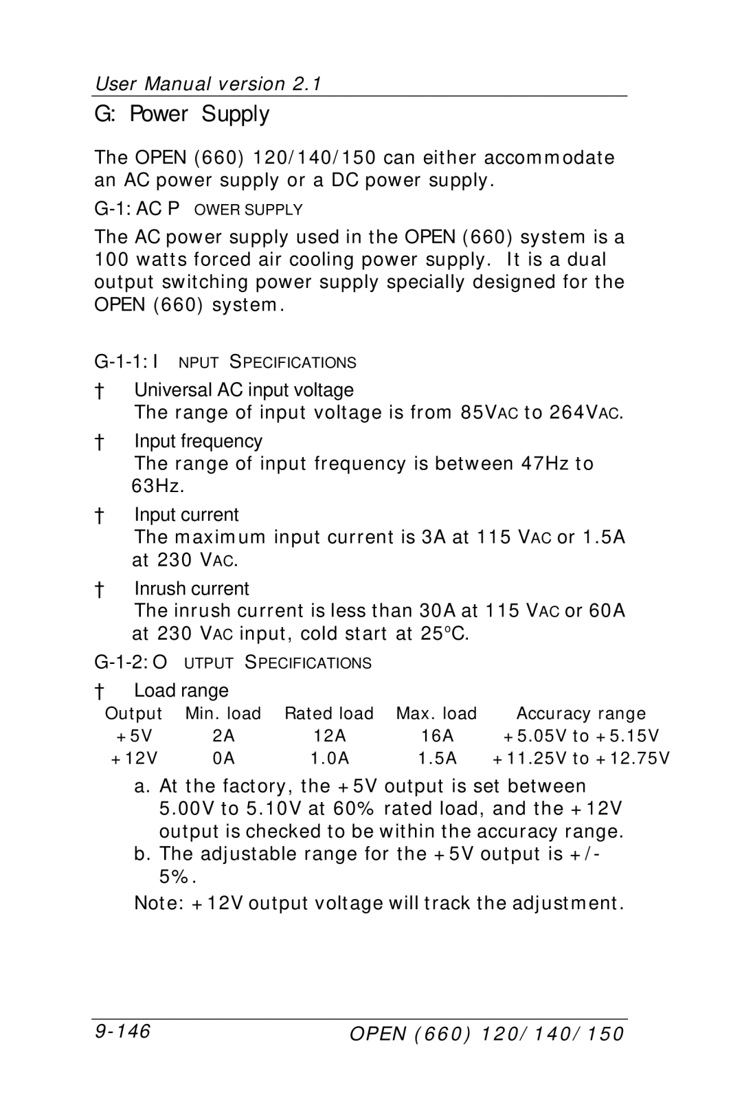 Intel OPEN (660) 120/140/150 II user manual Power Supply 