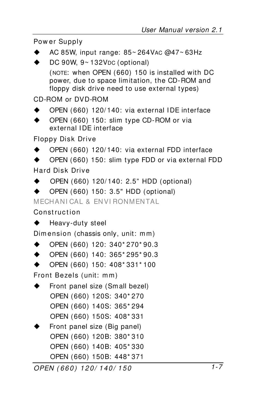 Intel OPEN (660) 120/140/150 II user manual Mechanical & Environmental 