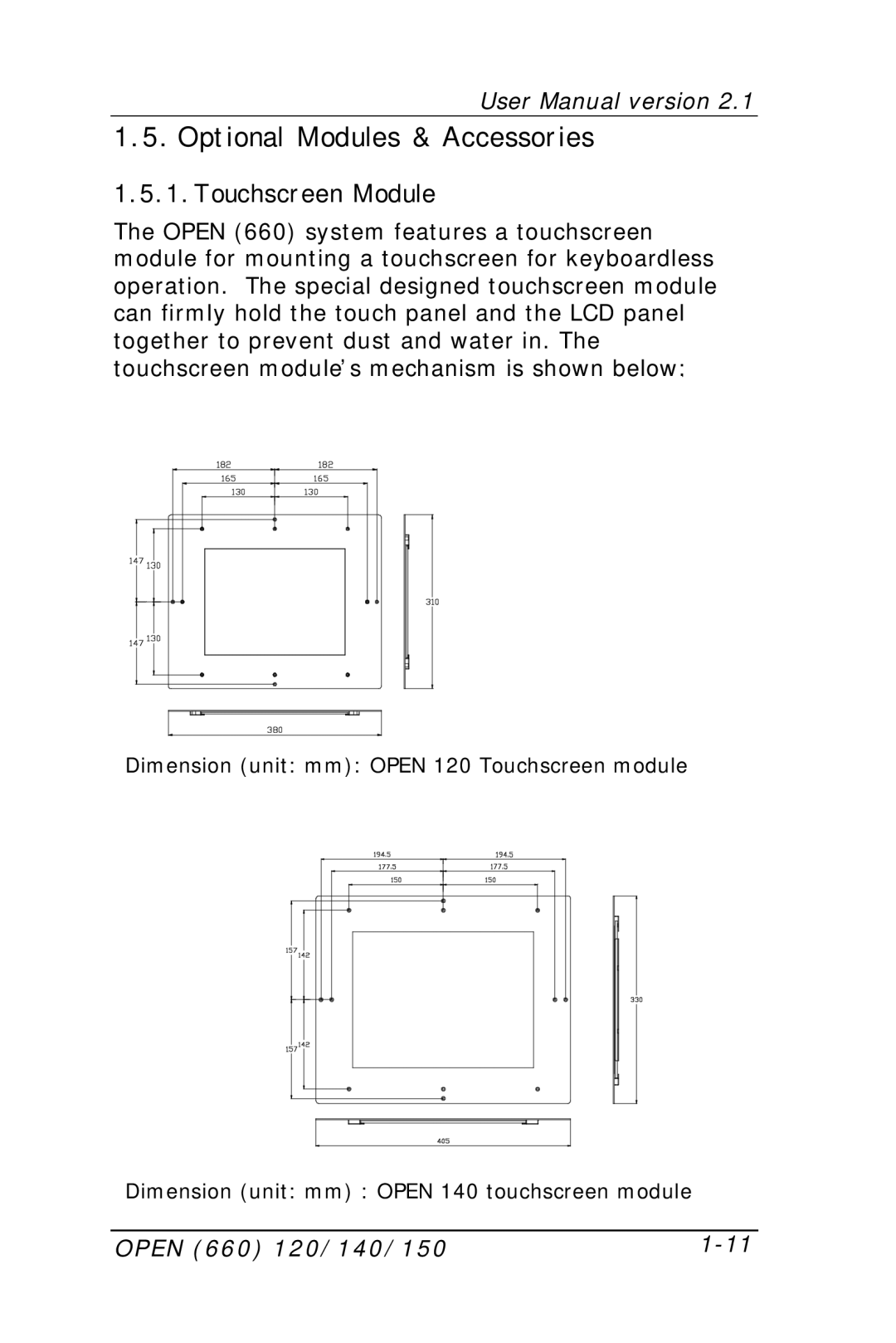 Intel OPEN (660) 120/140/150 II user manual Optional Modules & Accessories, Touchscreen Module 