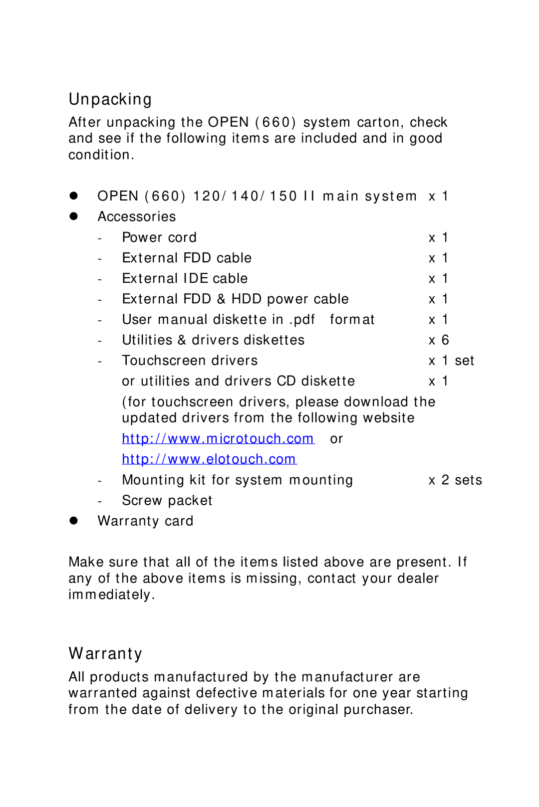 Intel OPEN (660) 120/140/150 II user manual Unpacking, Open 660 120/140/150 II main system x 